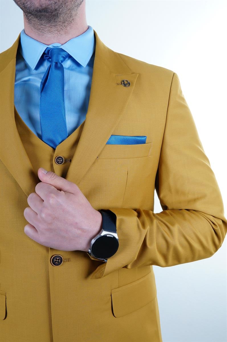 Maserto Slim Fit Sarı Takım Elbise Düz Desenli