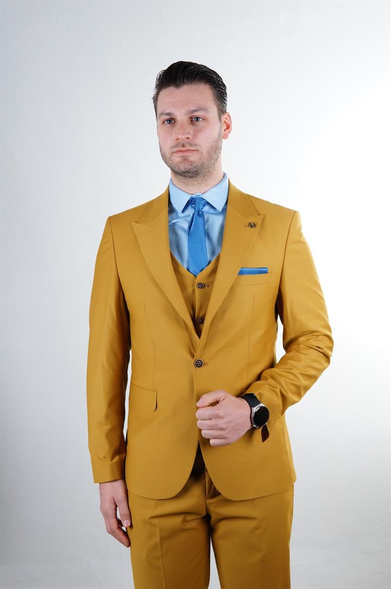 Maserto Slim Fit Sarı Takım Elbise Düz Desenli