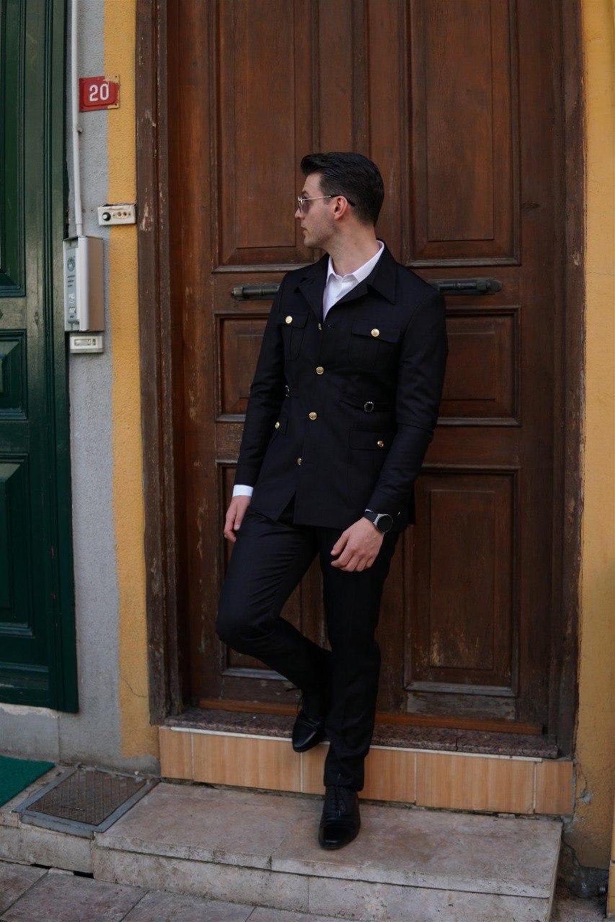 Maserto Slim Fit Siyah Cepli Takım Elbise Kendinden Desenli