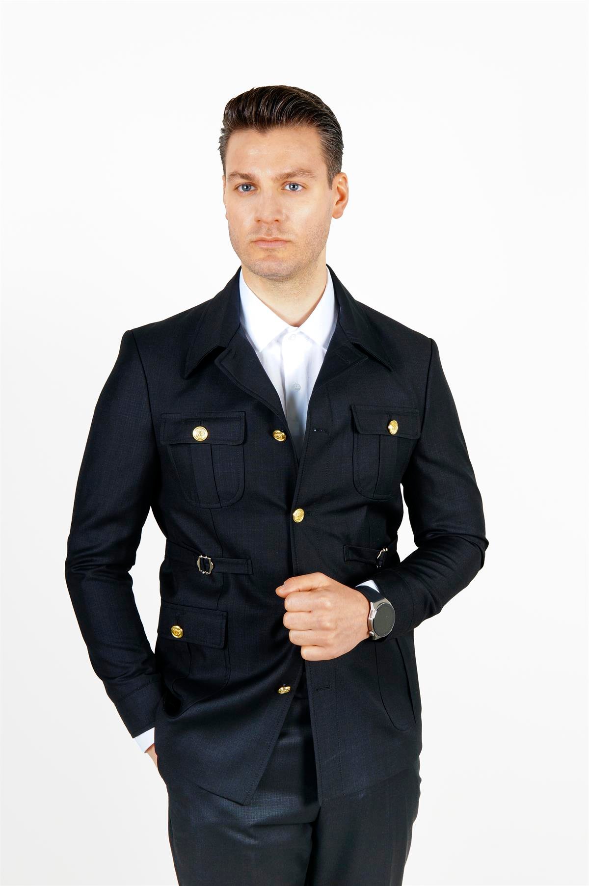 Maserto Slim Fit Siyah Cepli Takım Elbise Kendinden Desenli