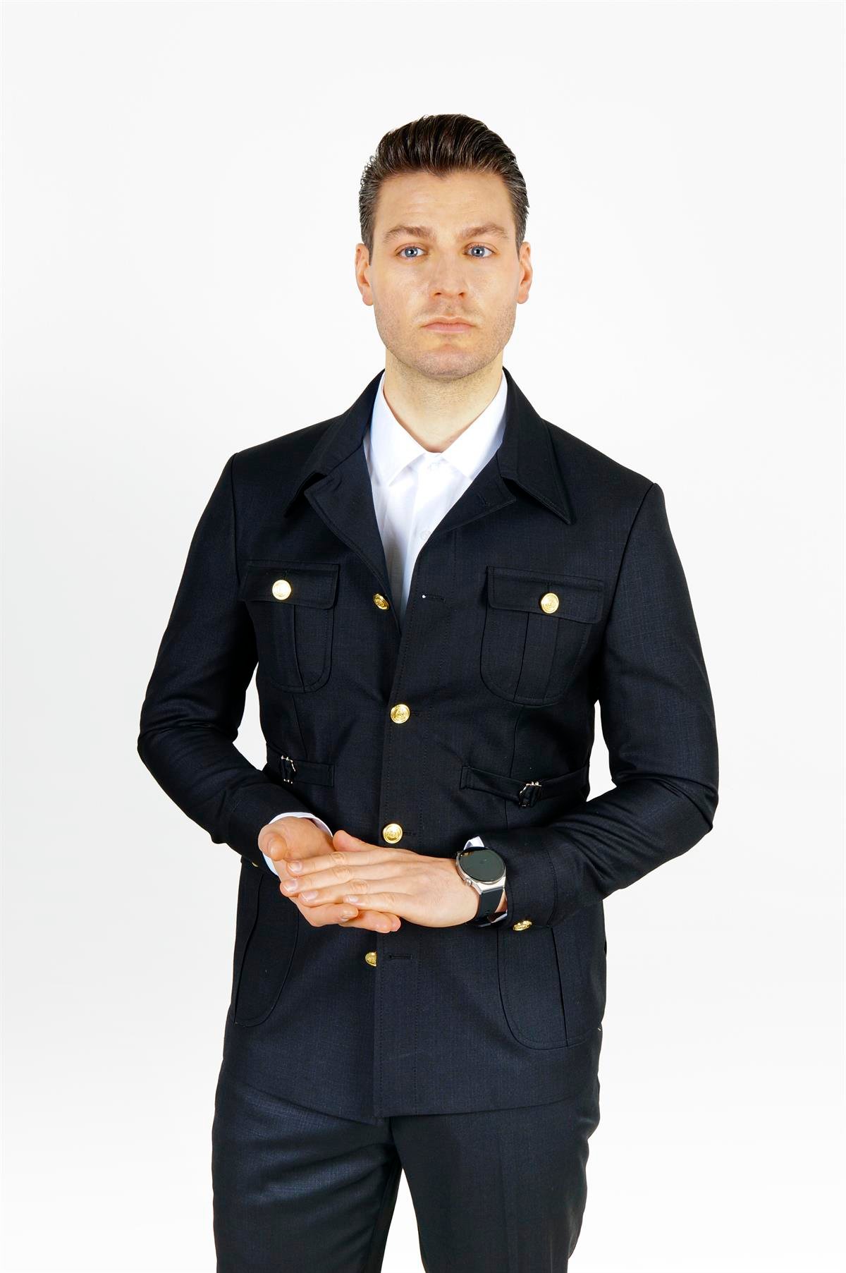 Maserto Slim Fit Siyah Cepli Takım Elbise Kendinden Desenli