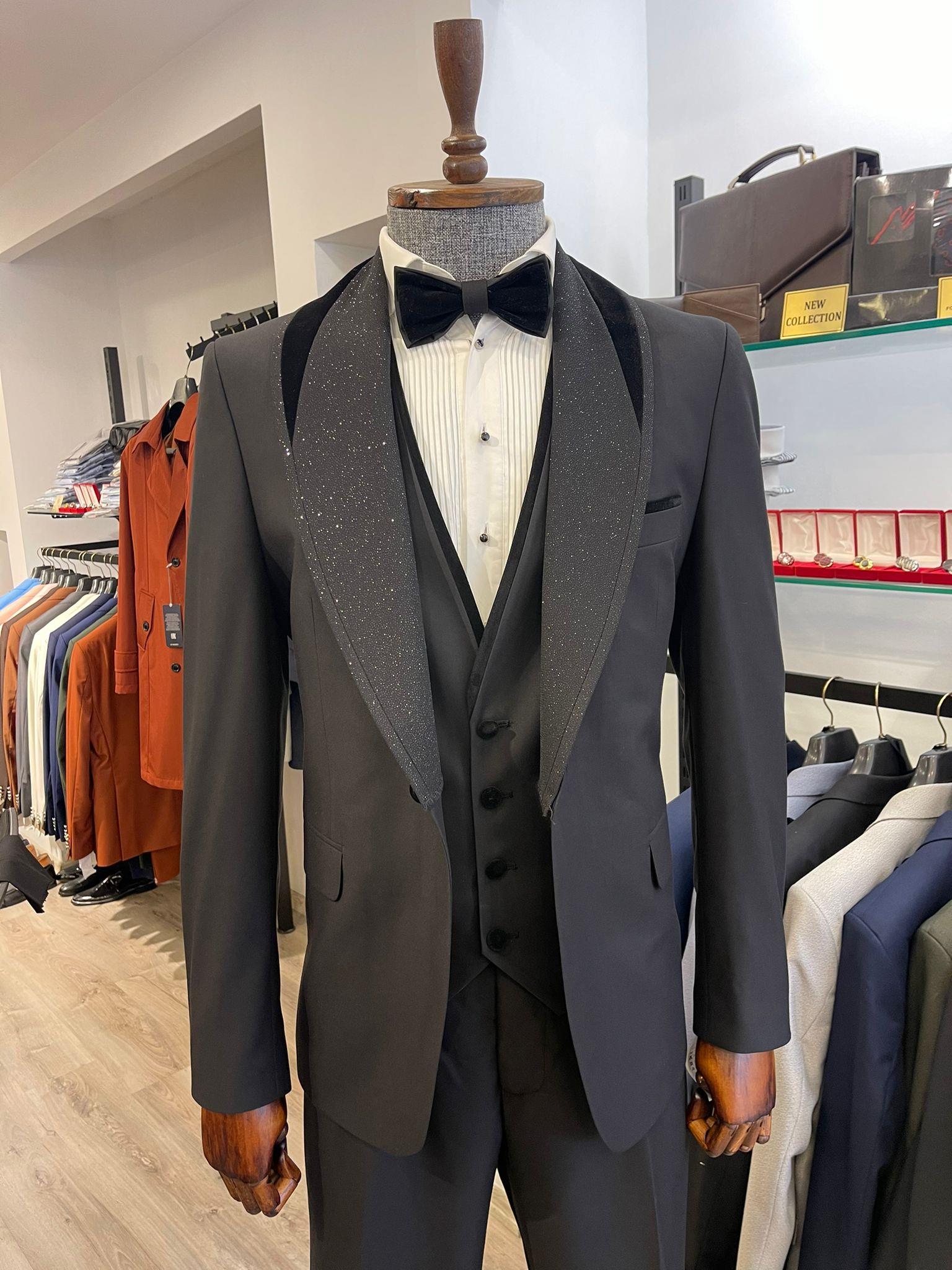 Maserto Slim Fit Siyah Damatlık Düz Desenli