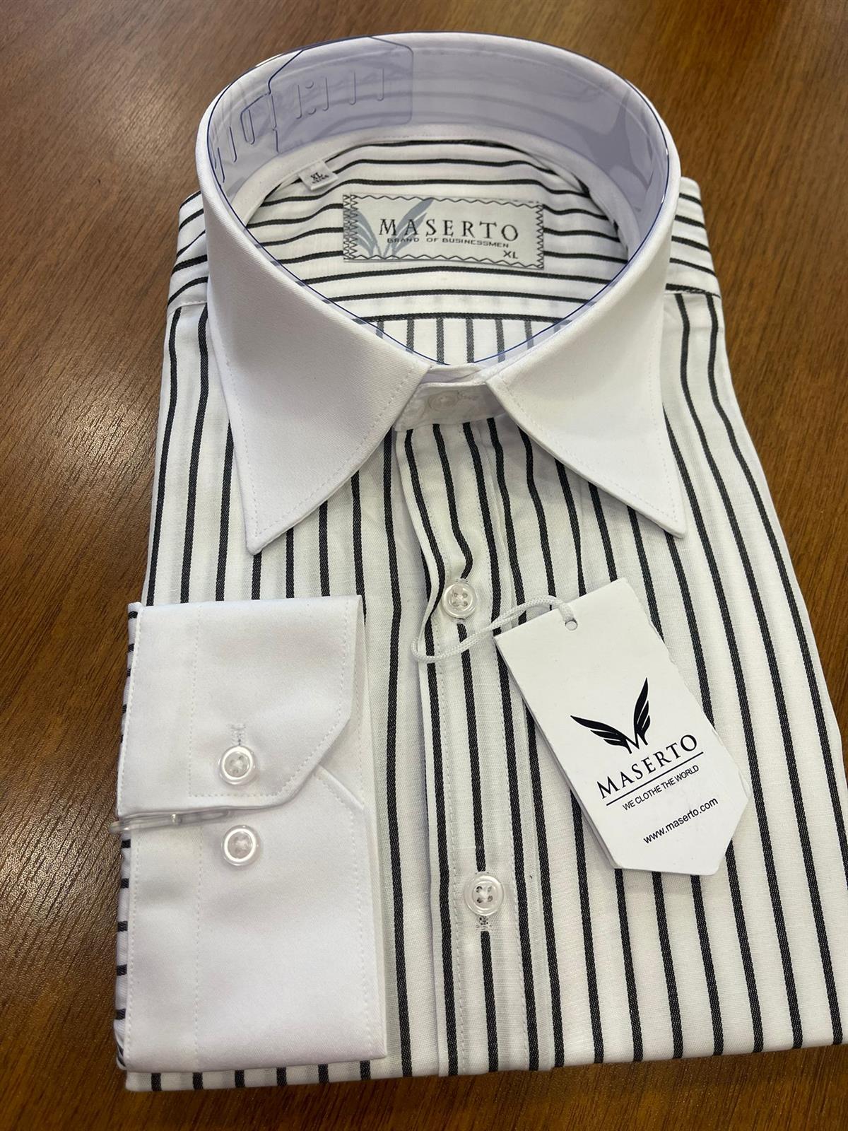 Maserto Slim Fit Siyah Gömlek Çizgili Desenli