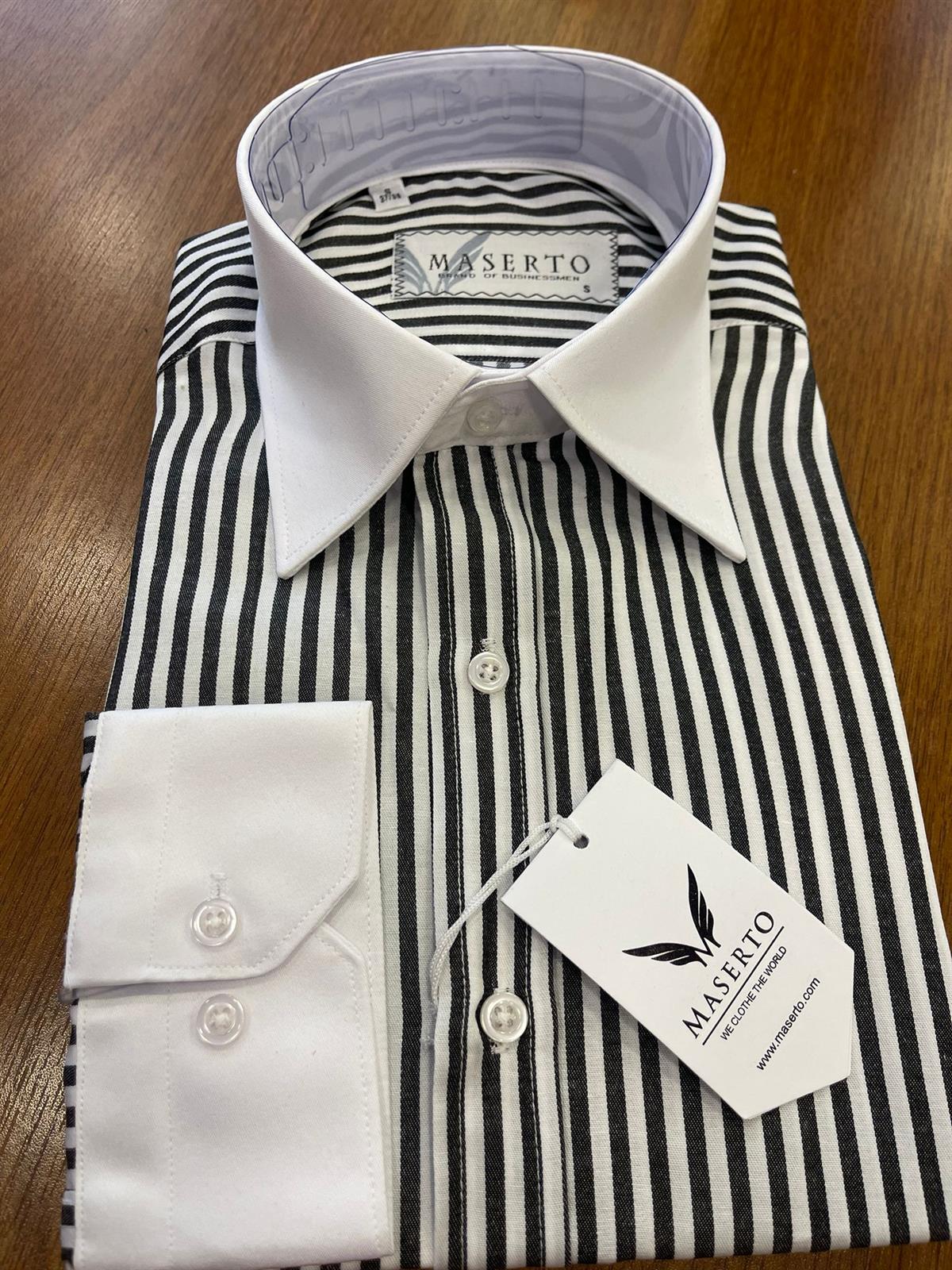 Maserto Slim Fit Siyah Gömlek Çizgili Desenli