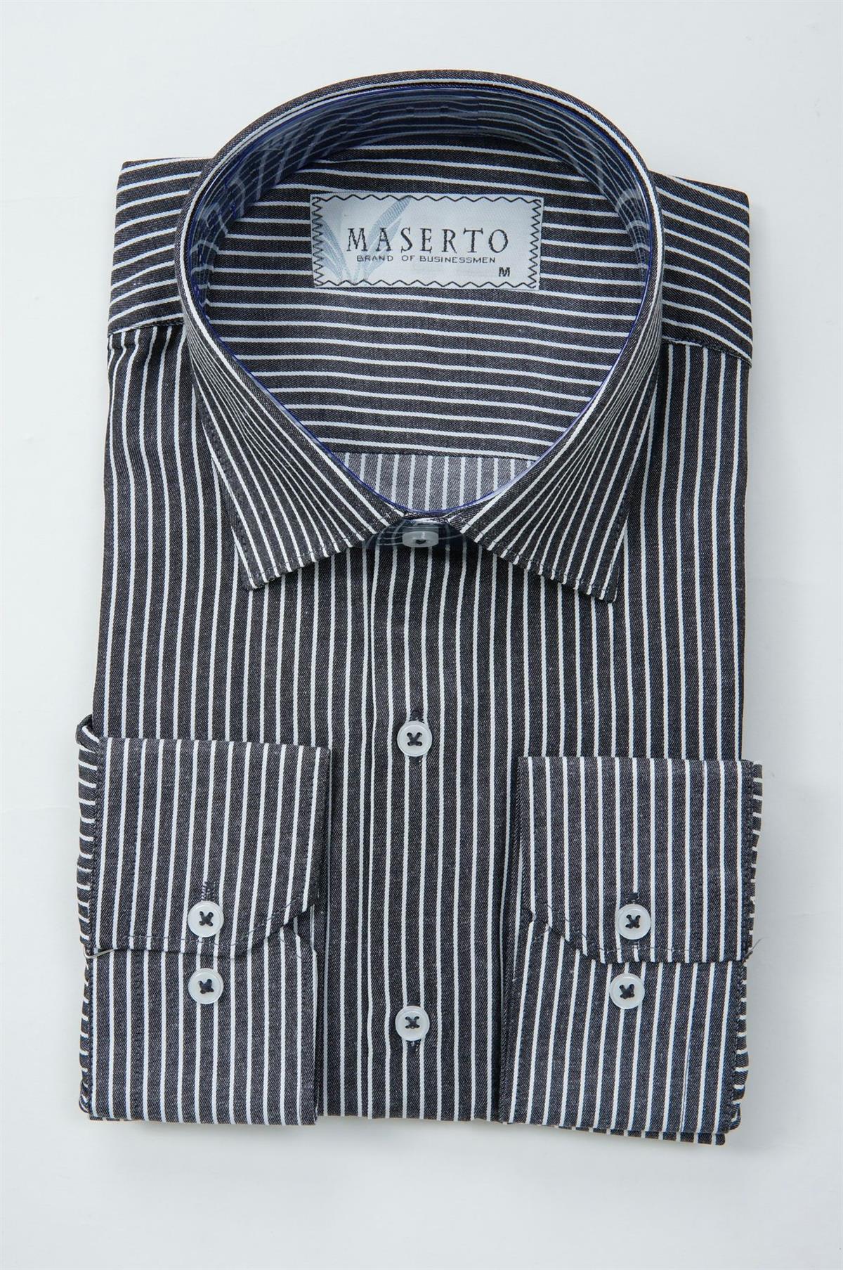 Maserto Slim Fit Siyah Gömlek Çizgili Desenli