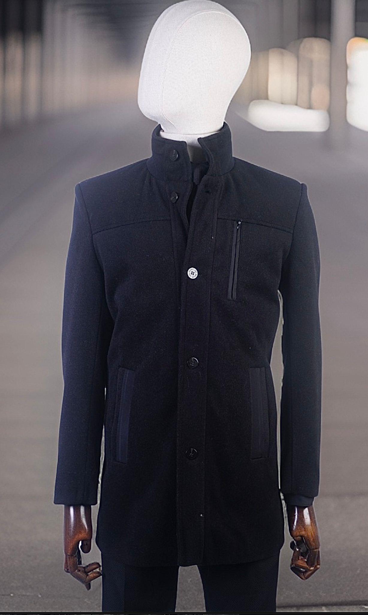 Maserto Slim Fit Siyah Kaşe Kaban Düz Desenli