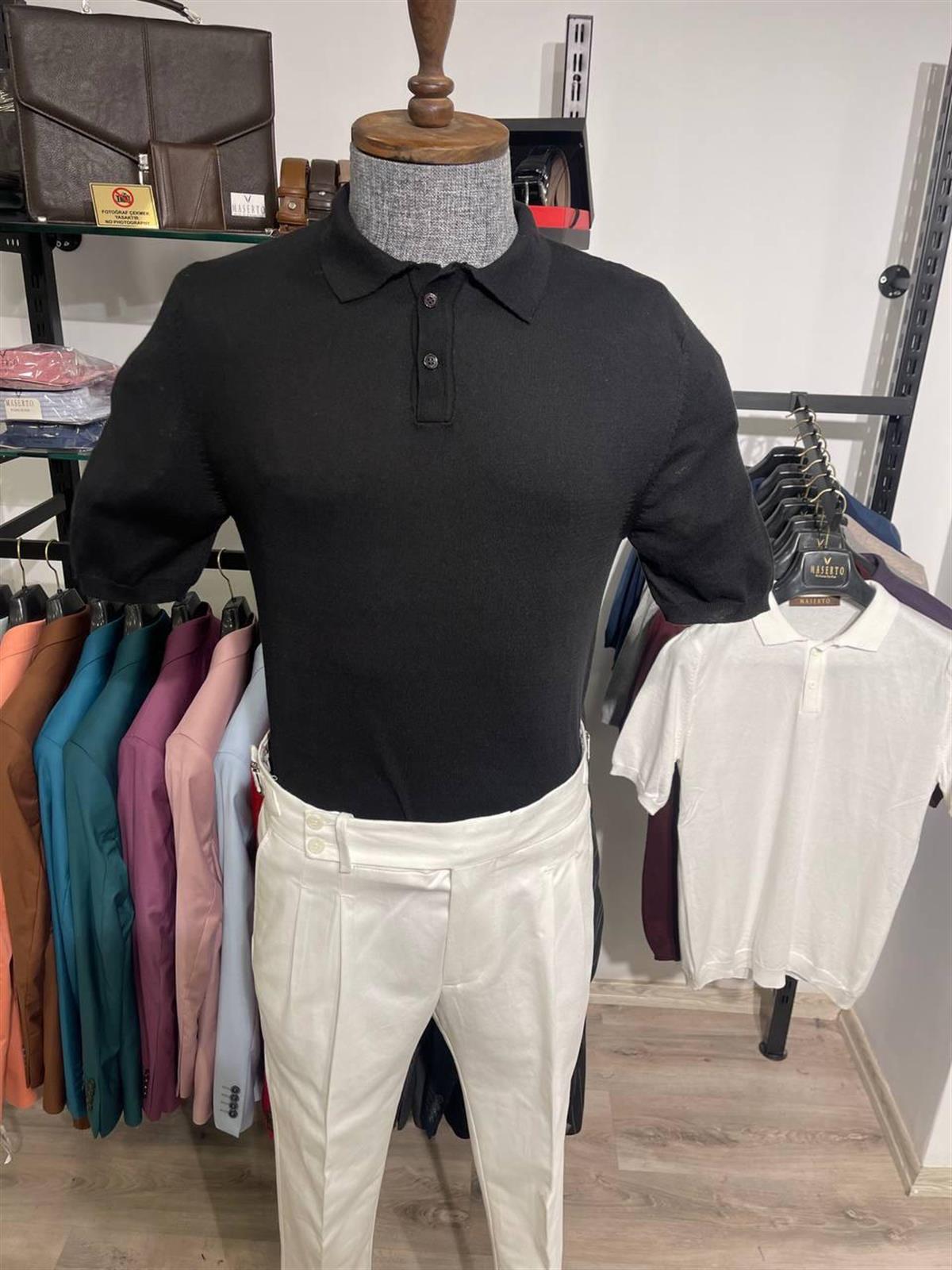 Maserto Slim Fit Siyah Polo Yaka T-Shirt Düz Desenli