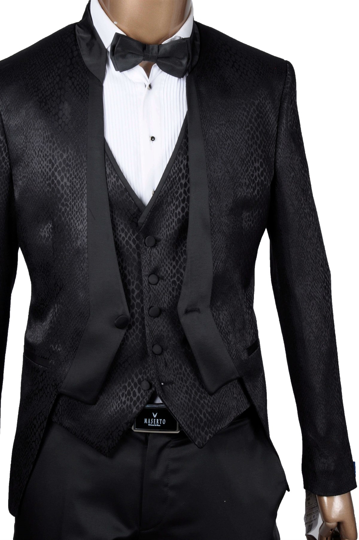 Maserto Slim Fit Siyah Smokin Deri Desenli