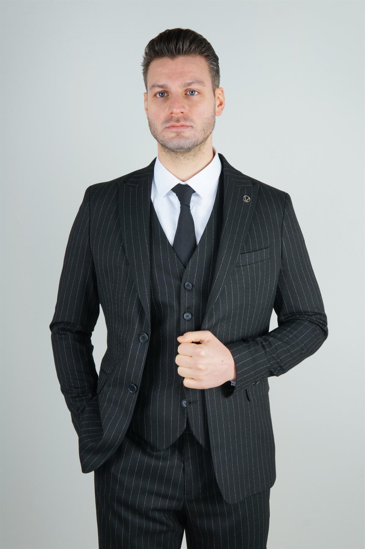 Maserto Slim Fit Siyah Takım Elbise Çizgili Desenli