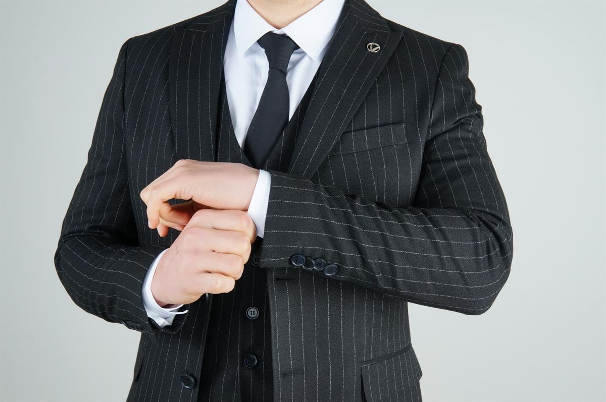 Maserto Slim Fit Siyah Takım Elbise Çizgili Desenli