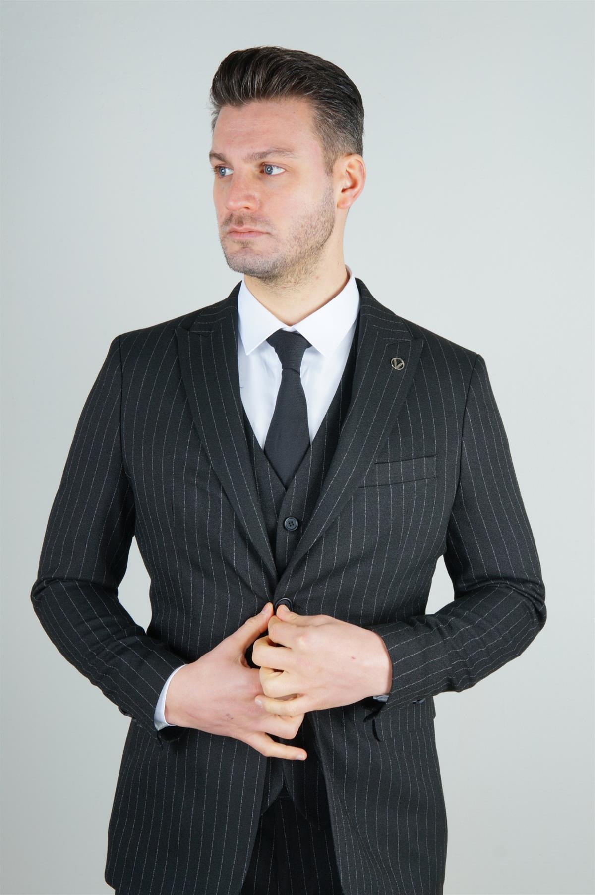 Maserto Slim Fit Siyah Takım Elbise Çizgili Desenli