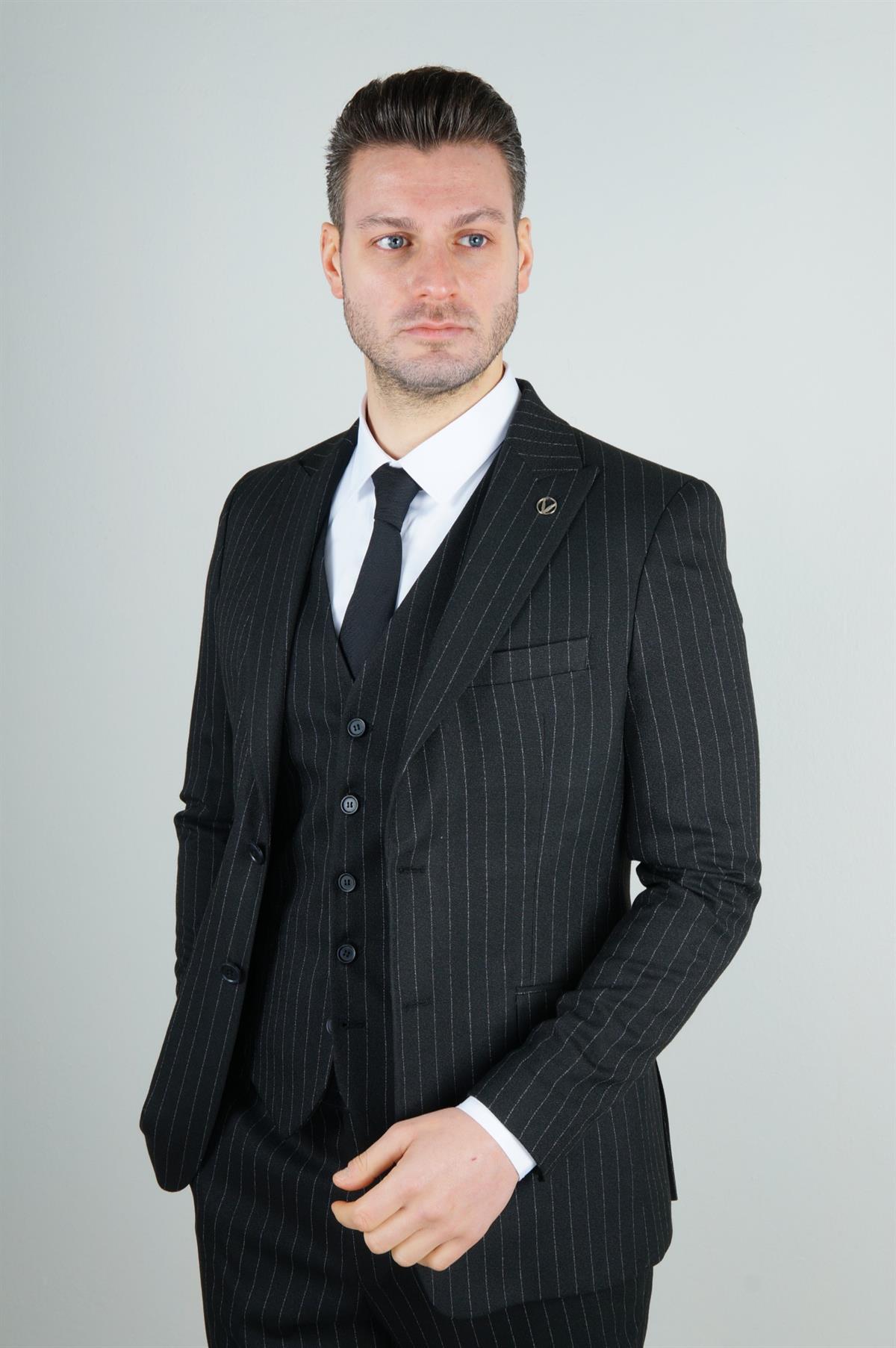 Maserto Slim Fit Siyah Takım Elbise Çizgili Desenli