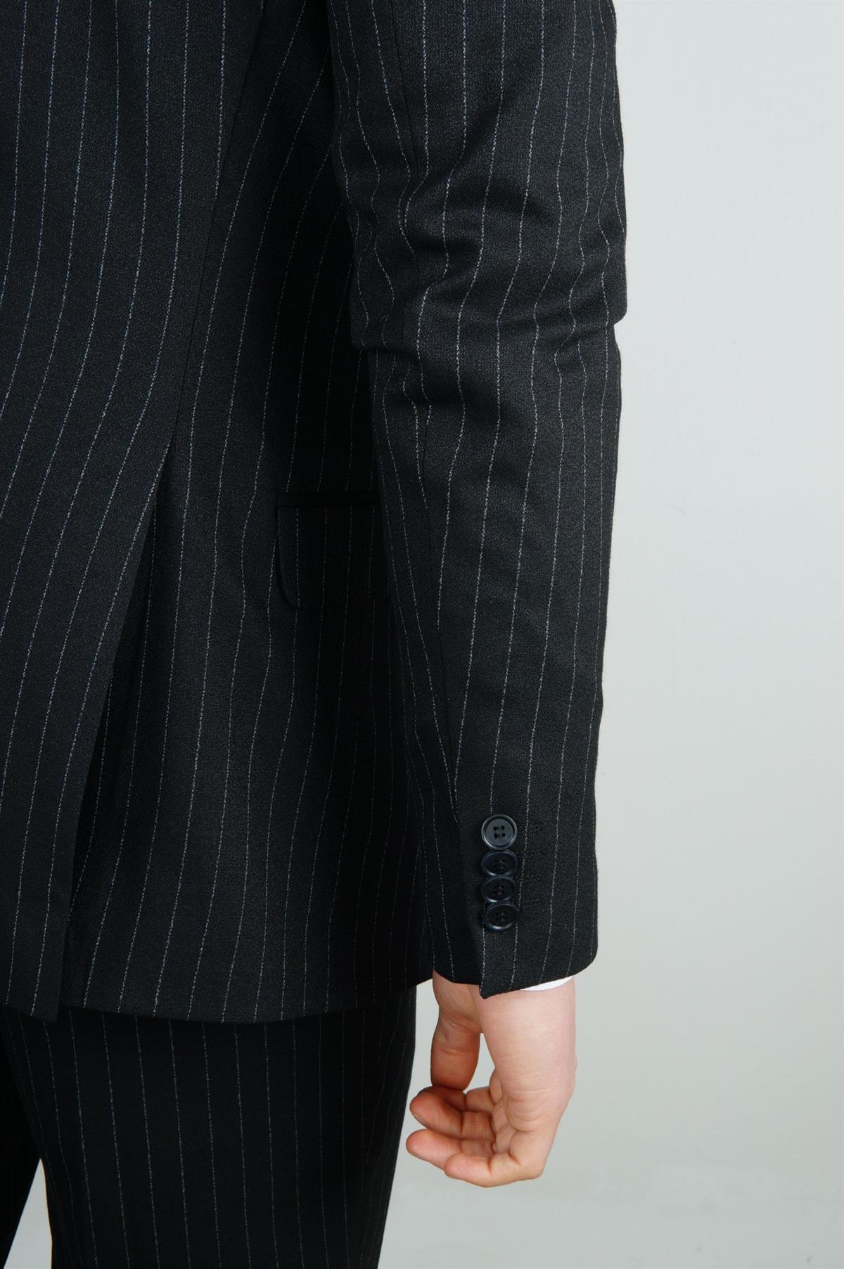 Maserto Slim Fit Siyah Takım Elbise Çizgili Desenli