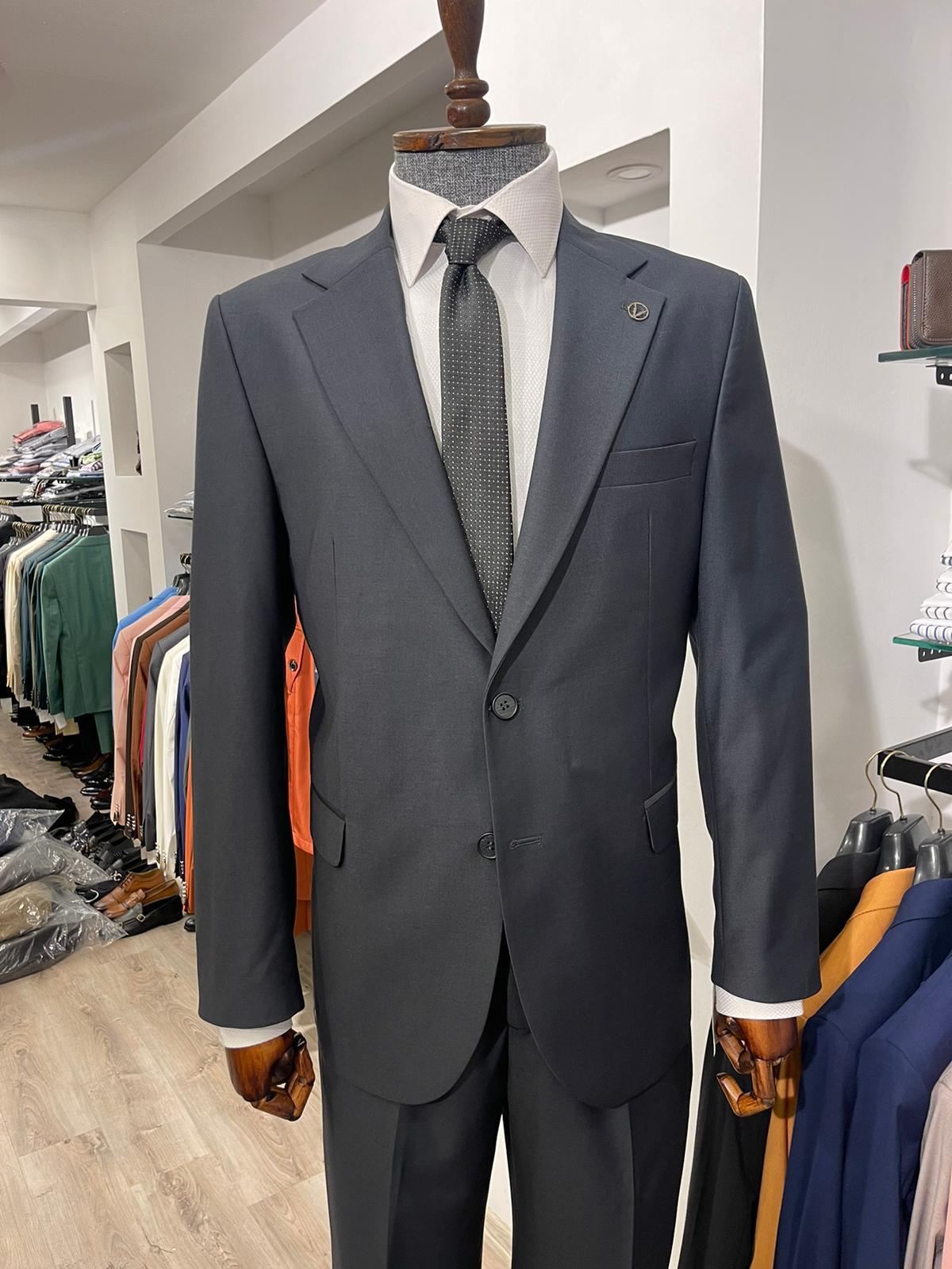 Maserto Slim Fit Siyah Takım Elbise Düz Desenli