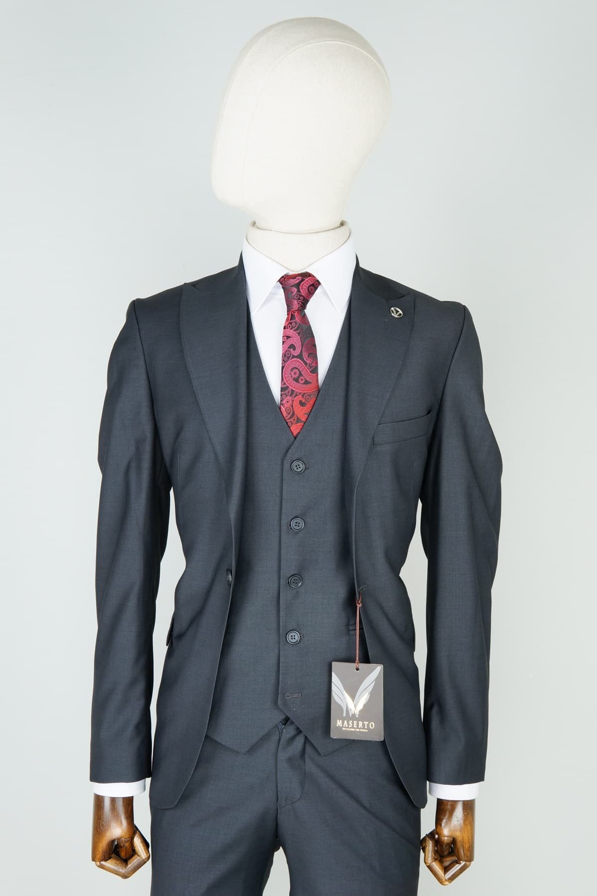 Maserto Slim Fit Siyah Takım Elbise Düz Desenli