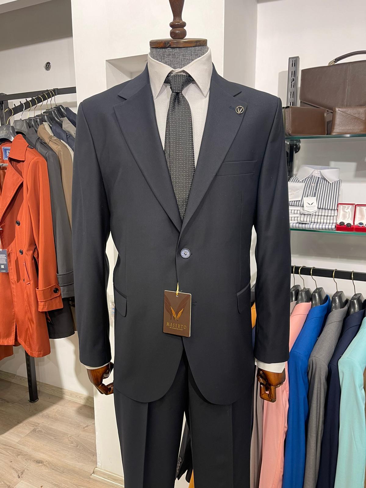 Maserto Slim Fit Siyah Takım Elbise Düz Desenli