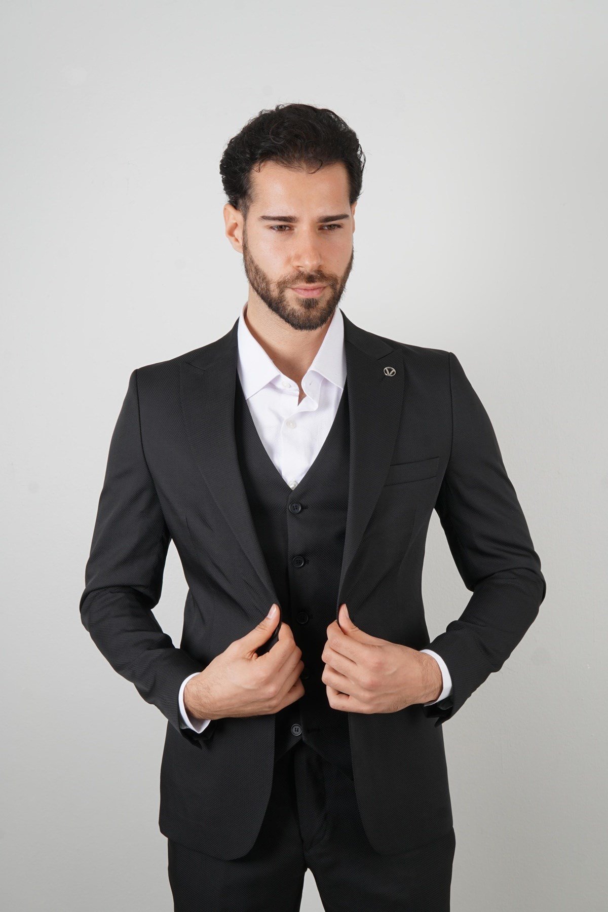 Maserto Slim Fit Siyah Takım Elbise Düz Desenli