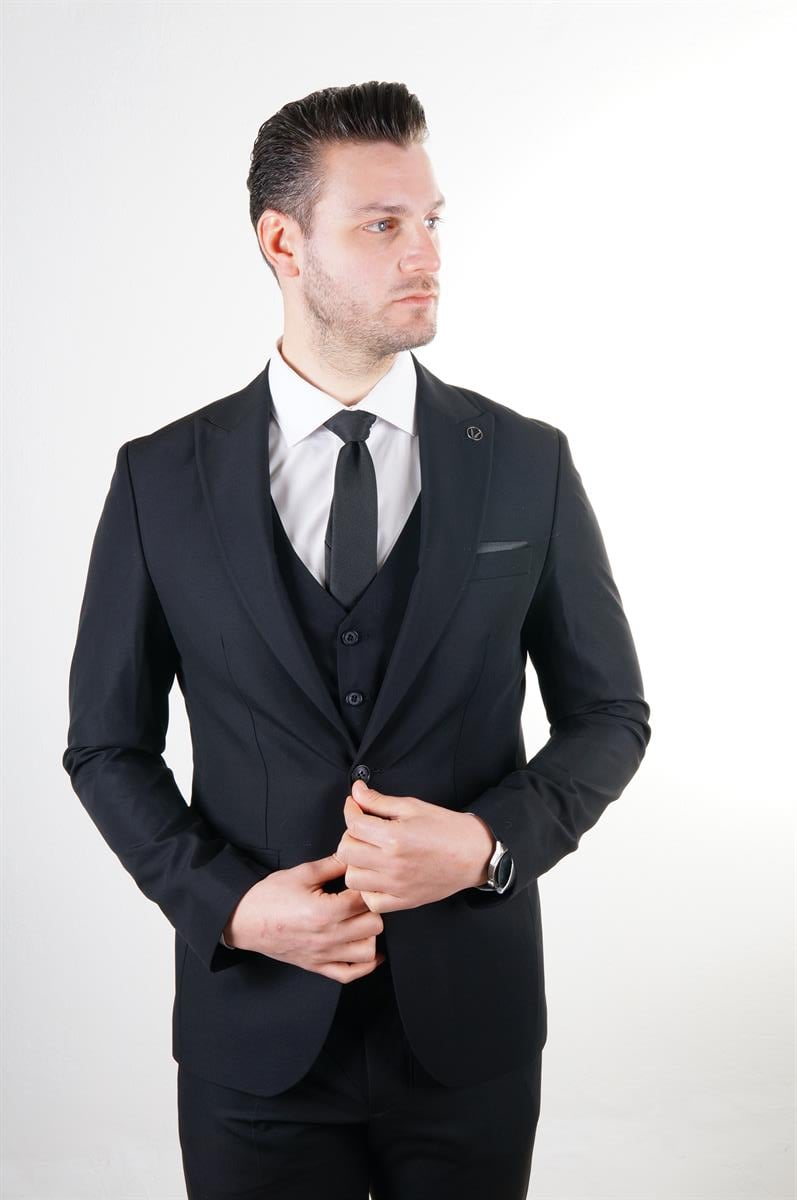 Maserto Slim Fit Siyah Takım Elbise Düz Desenli