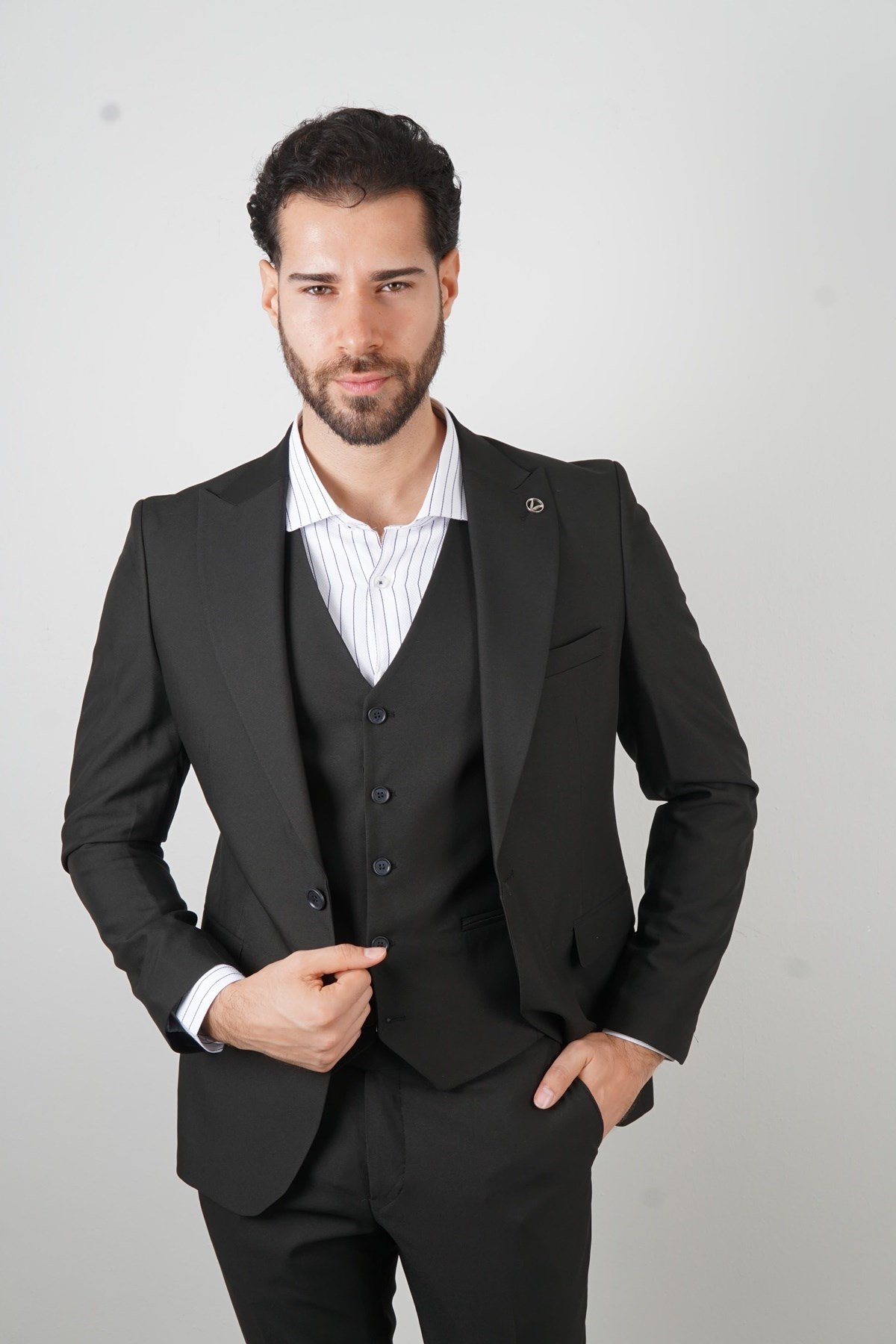 Maserto Slim Fit Siyah Takım Elbise Düz Desenli