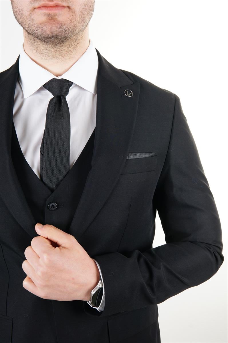 Maserto Slim Fit Siyah Takım Elbise Düz Desenli