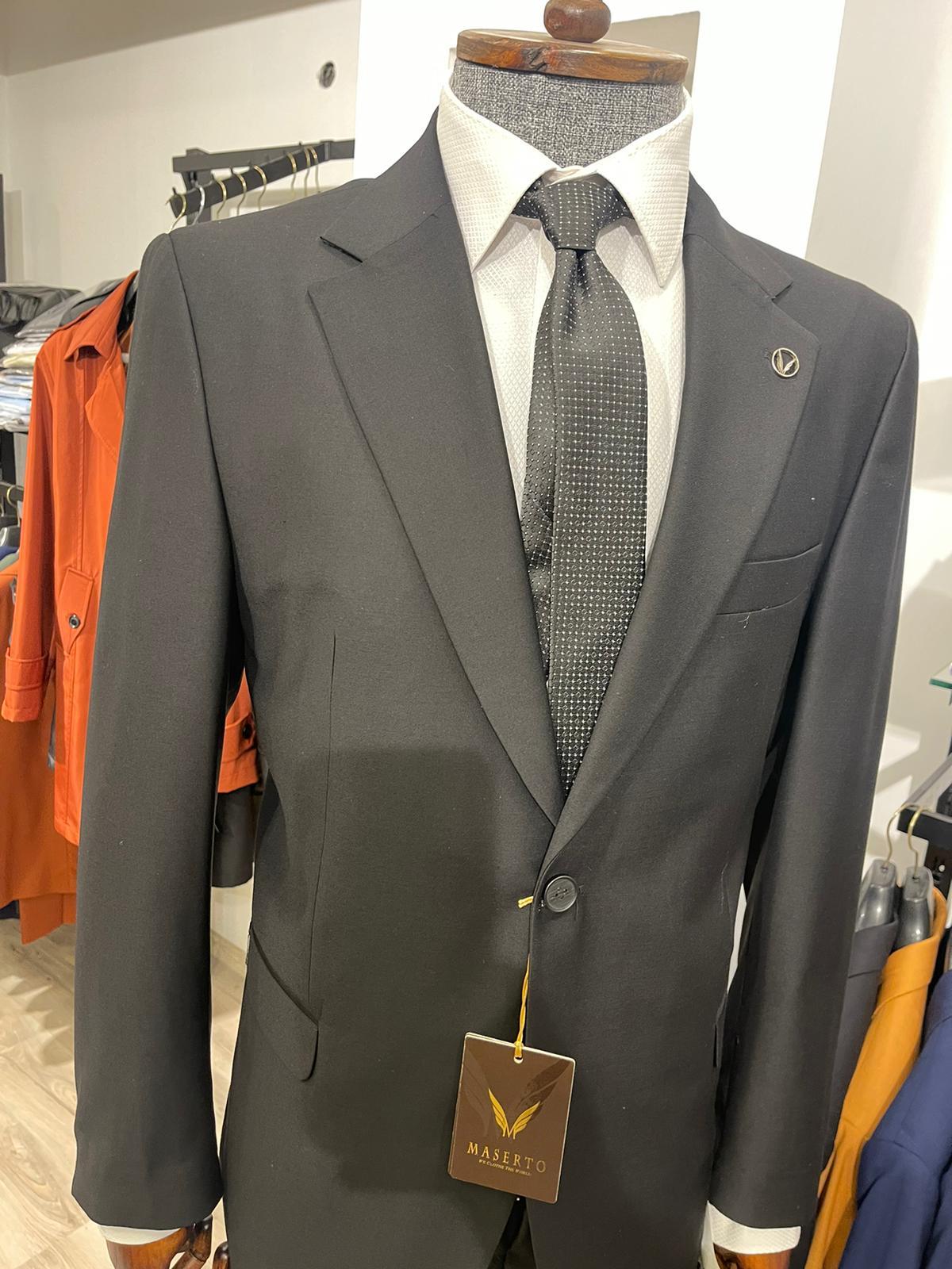 Maserto Slim Fit Siyah Takım Elbise Düz Desenli