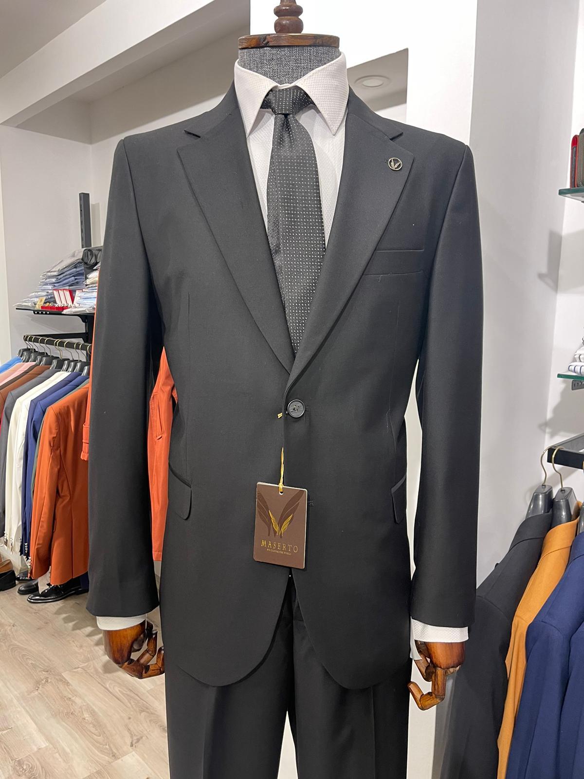 Maserto Slim Fit Siyah Takım Elbise Düz Desenli