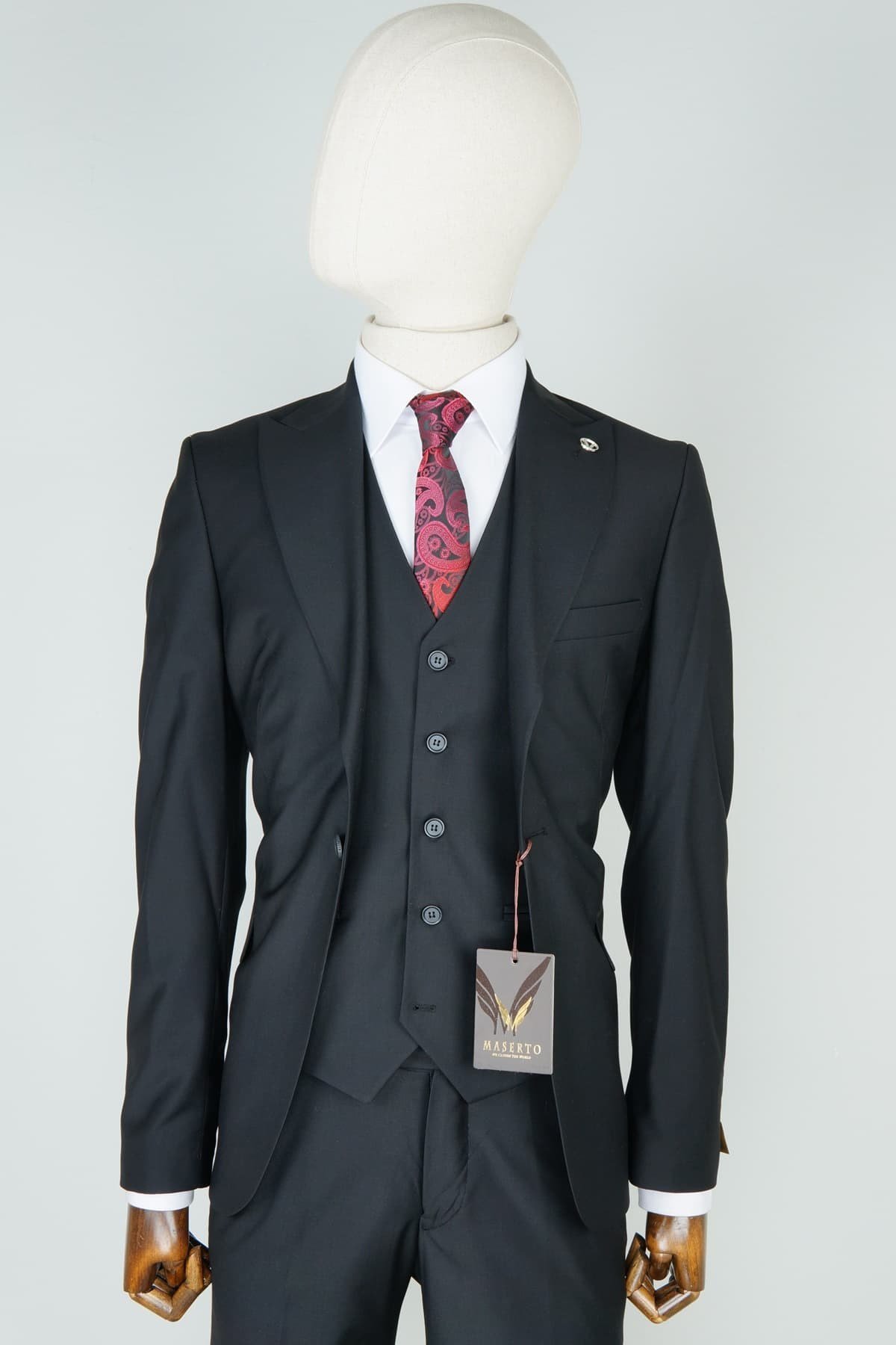 Maserto Slim Fit Siyah Takım Elbise Düz Desenli