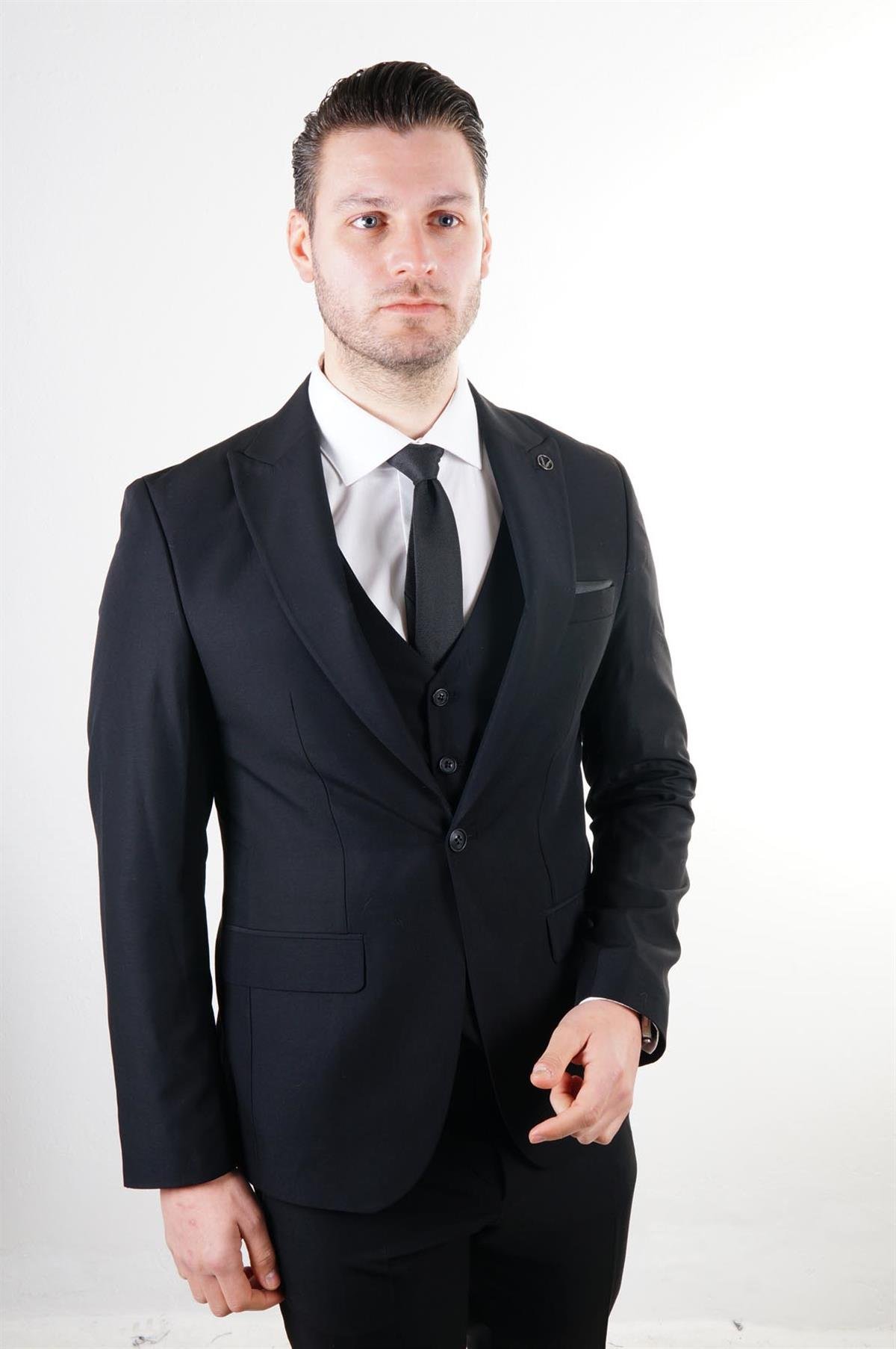 Maserto Slim Fit Siyah Takım Elbise Düz Desenli