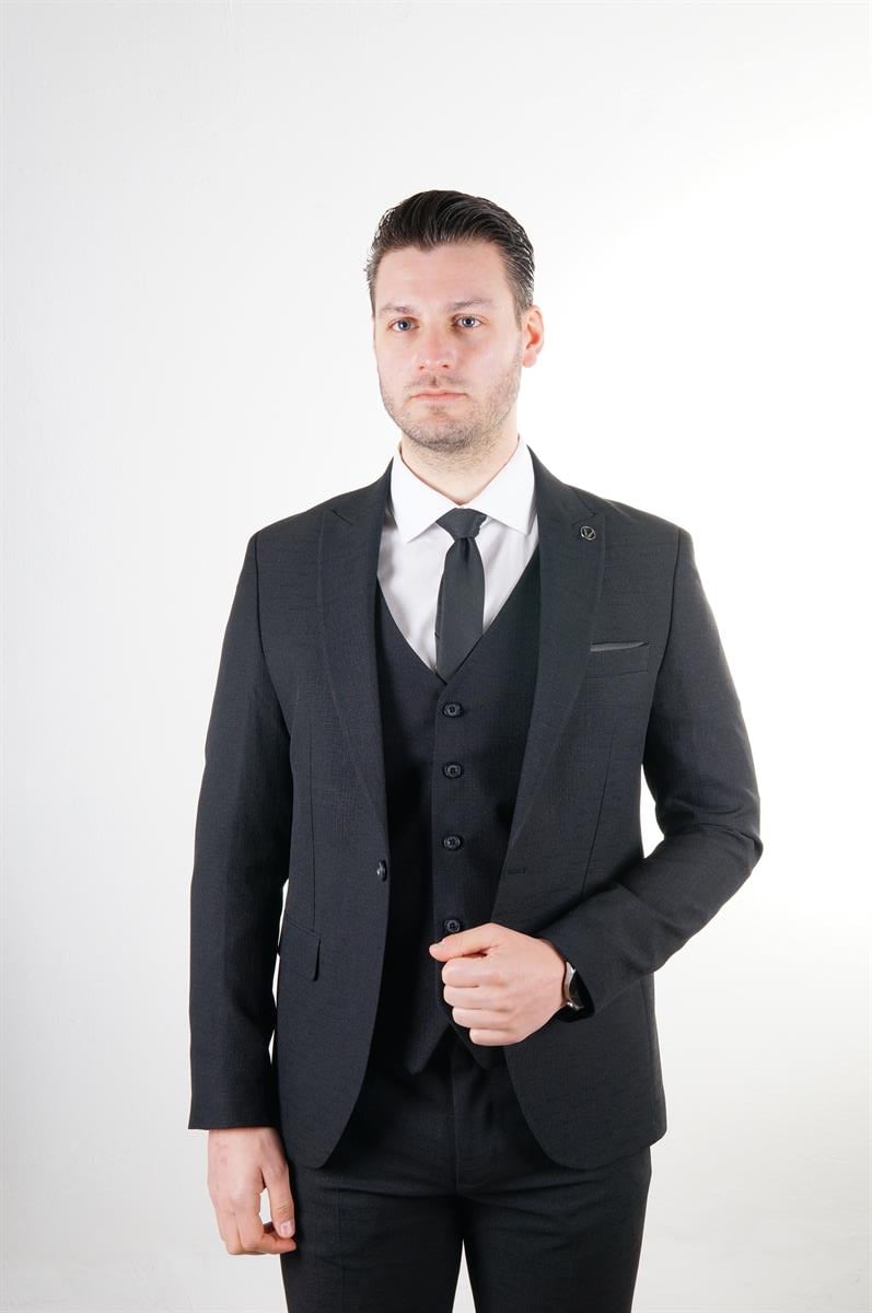 Maserto Slim Fit Siyah Takım Elbise Kendinden Desenli