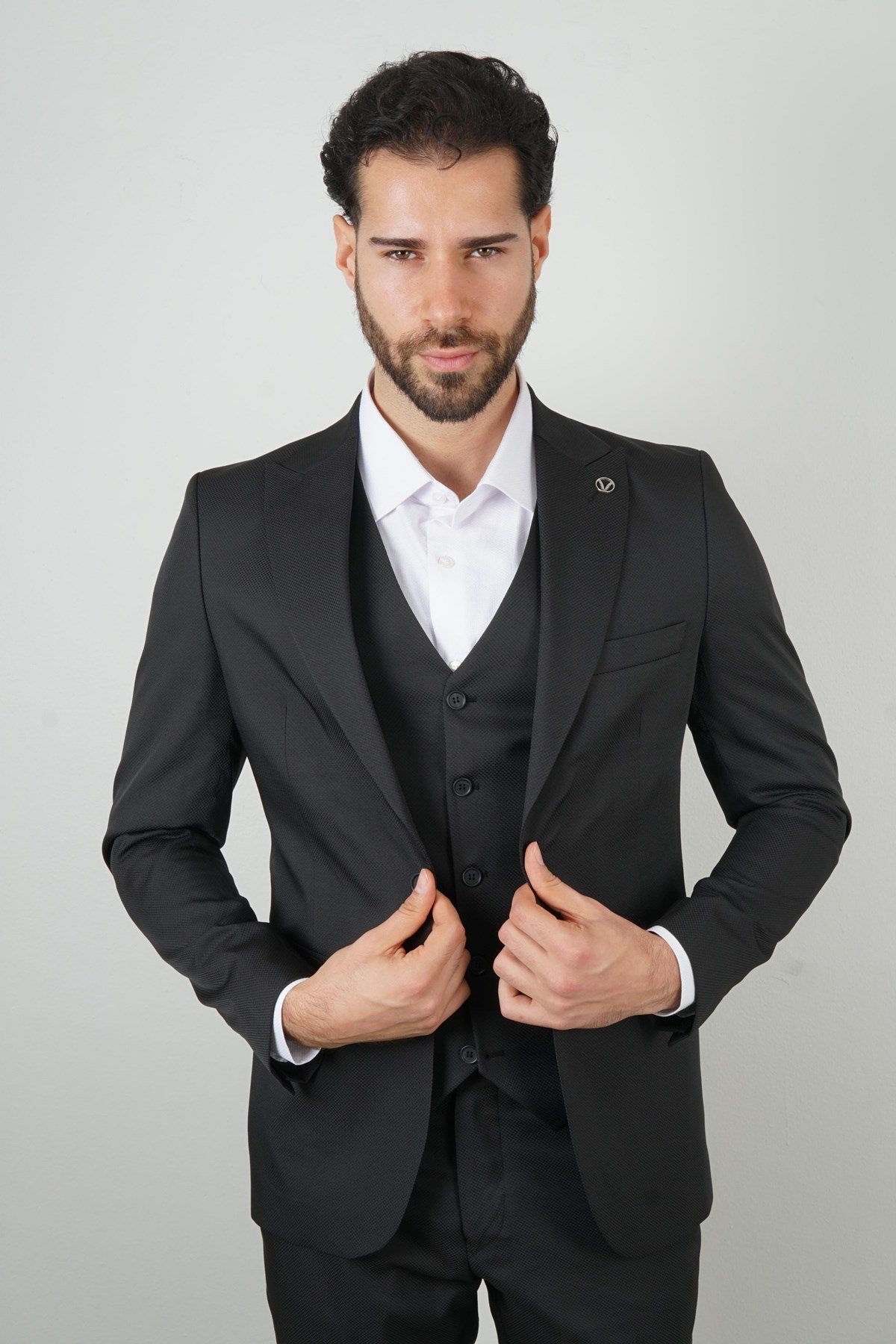Maserto Slim Fit Siyah Takım Elbise Kendinden Desenli