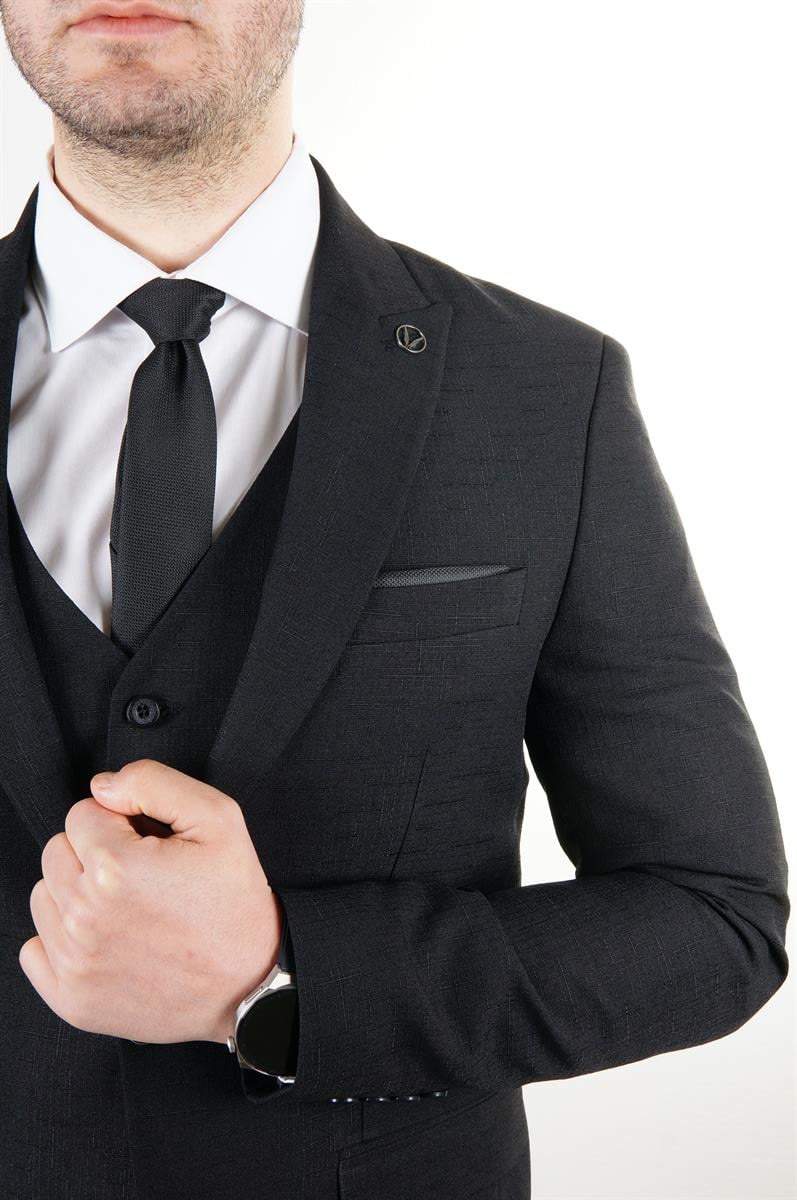 Maserto Slim Fit Siyah Takım Elbise Kendinden Desenli