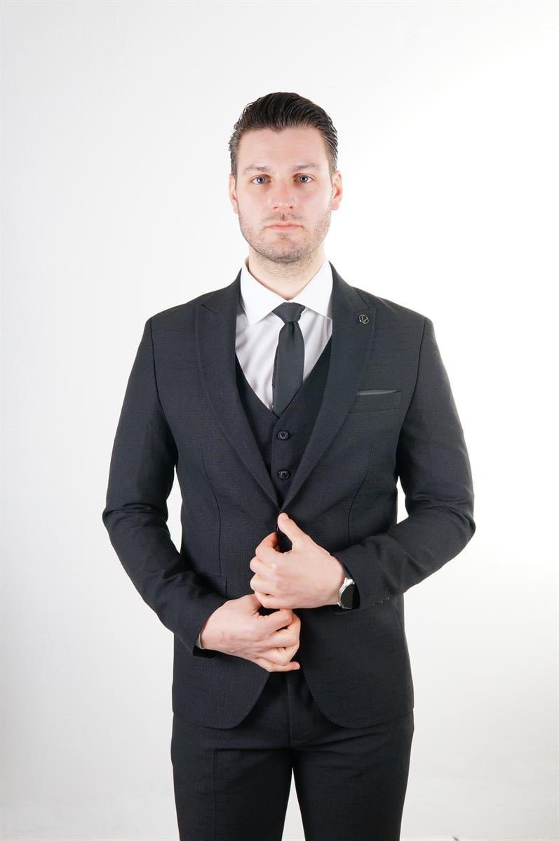 Maserto Slim Fit Siyah Takım Elbise Kendinden Desenli