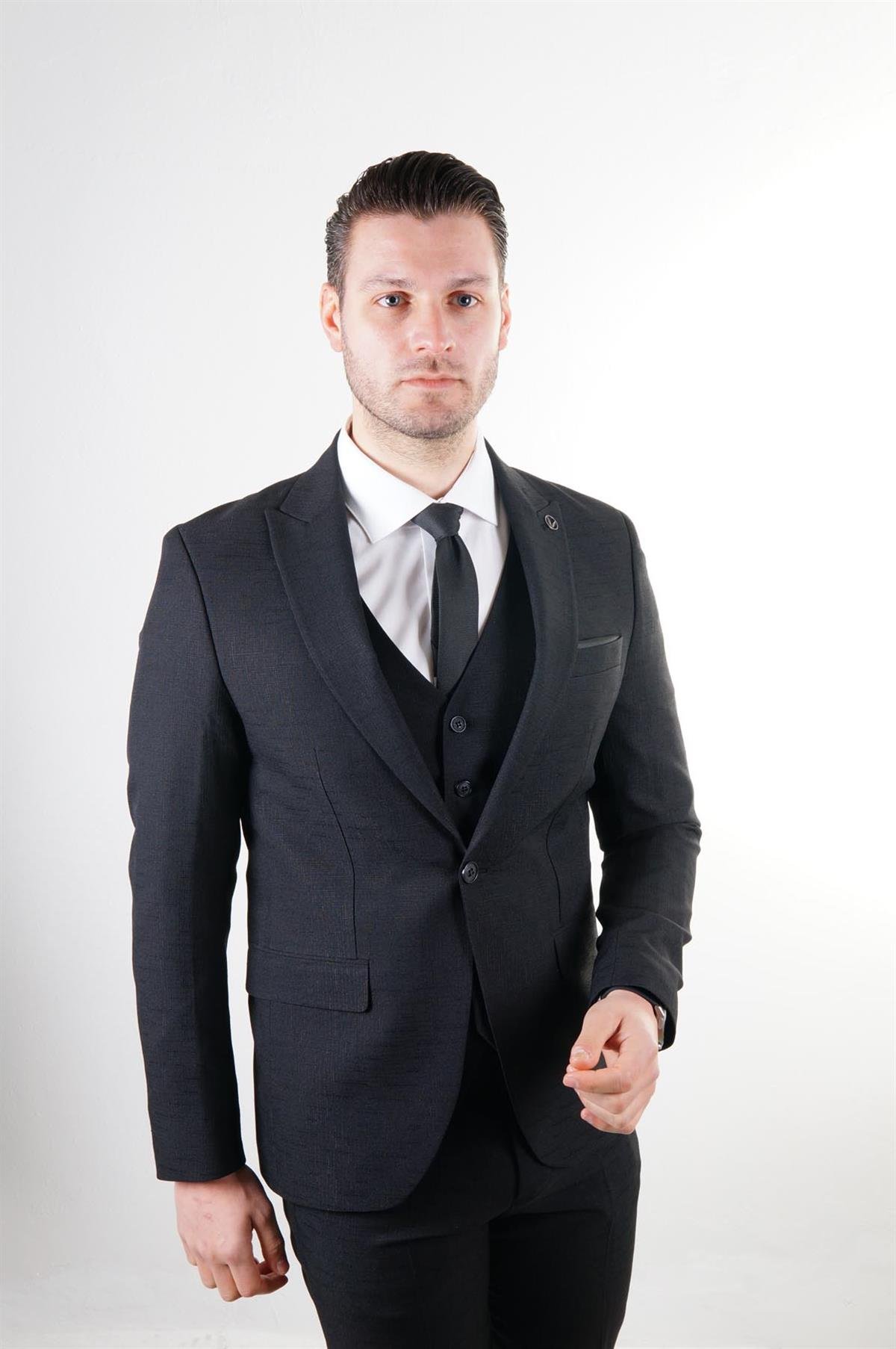 Maserto Slim Fit Siyah Takım Elbise Kendinden Desenli