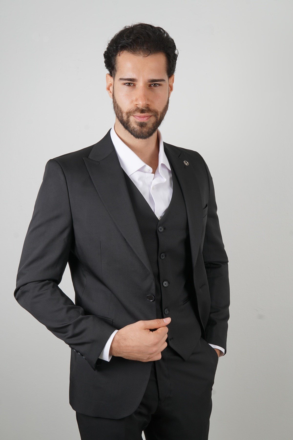Maserto Slim Fit Siyah Takım Elbise Kendinden Desenli