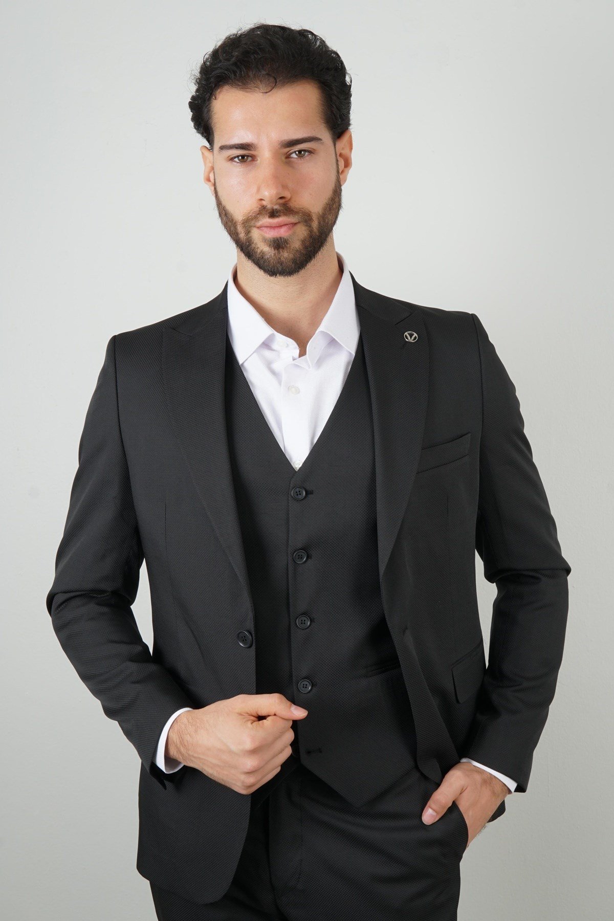 Maserto Slim Fit Siyah Takım Elbise Kendinden Desenli