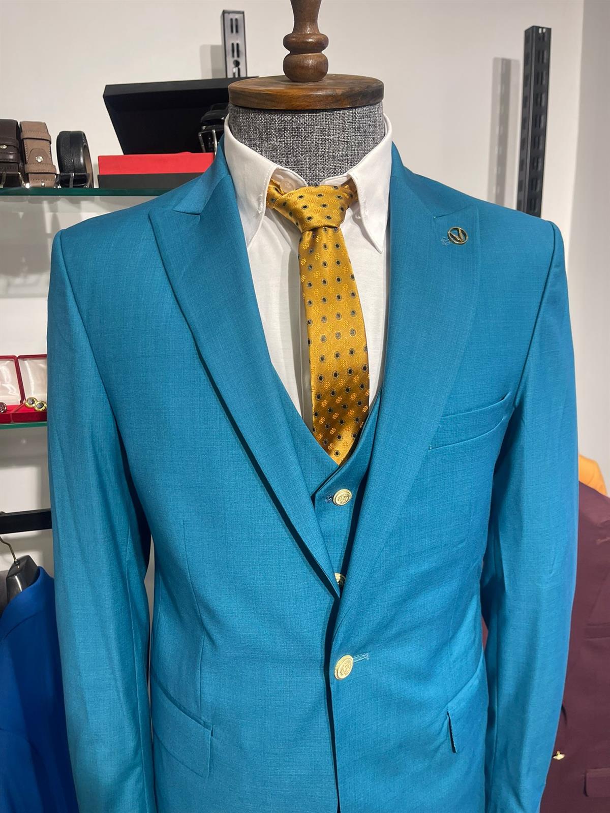 Maserto Slim Fit Turkuaz Takım Elbise Düz Desenli