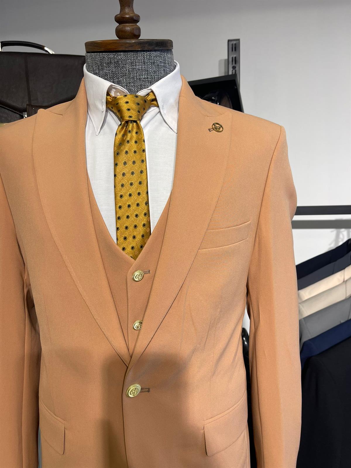 Maserto Slim Fit Turuncu Takım Elbise Düz Desenli