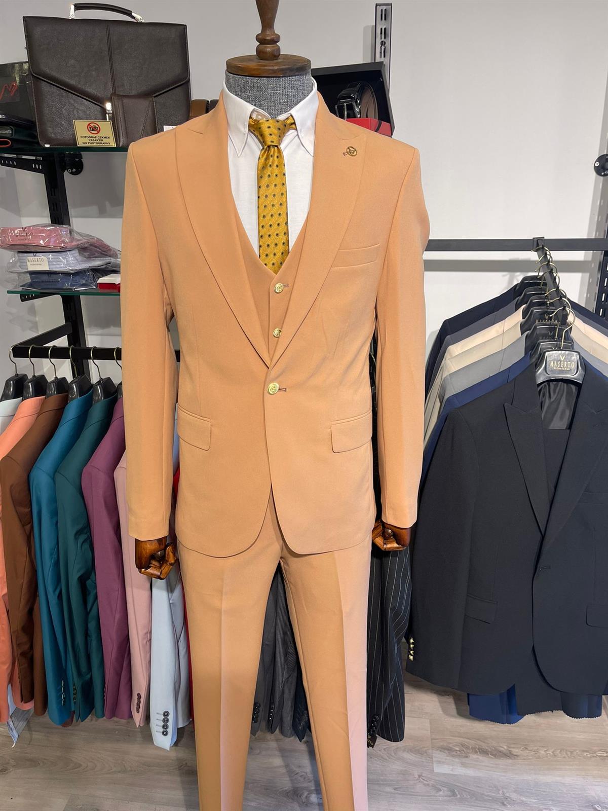 Maserto Slim Fit Turuncu Takım Elbise Düz Desenli