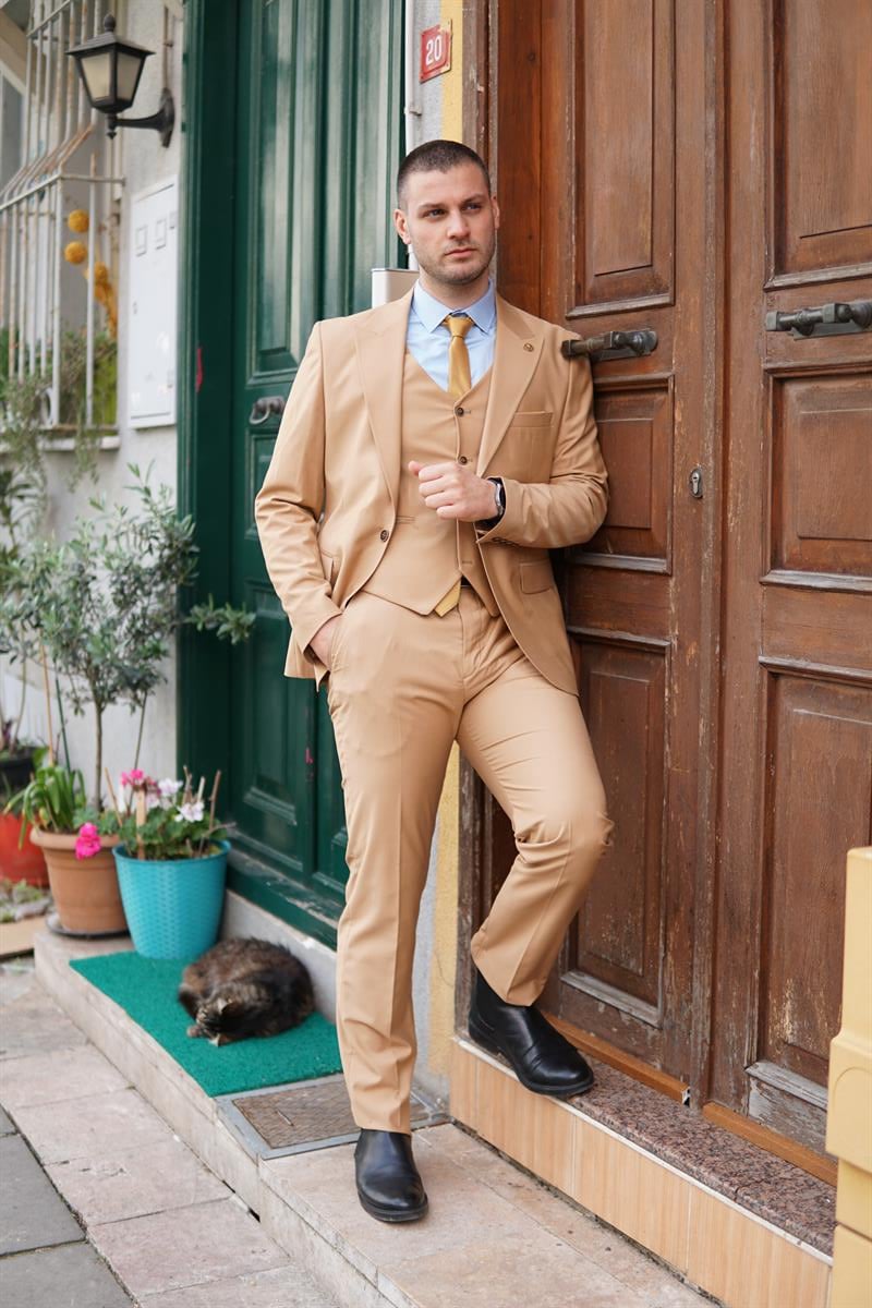 Maserto Slim Fit Turuncu Takım Elbise Düz Desenli