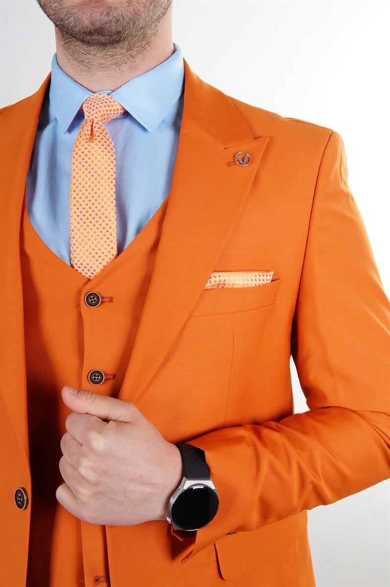 Maserto Slim Fit Turuncu Takım Elbise Düz Desenli