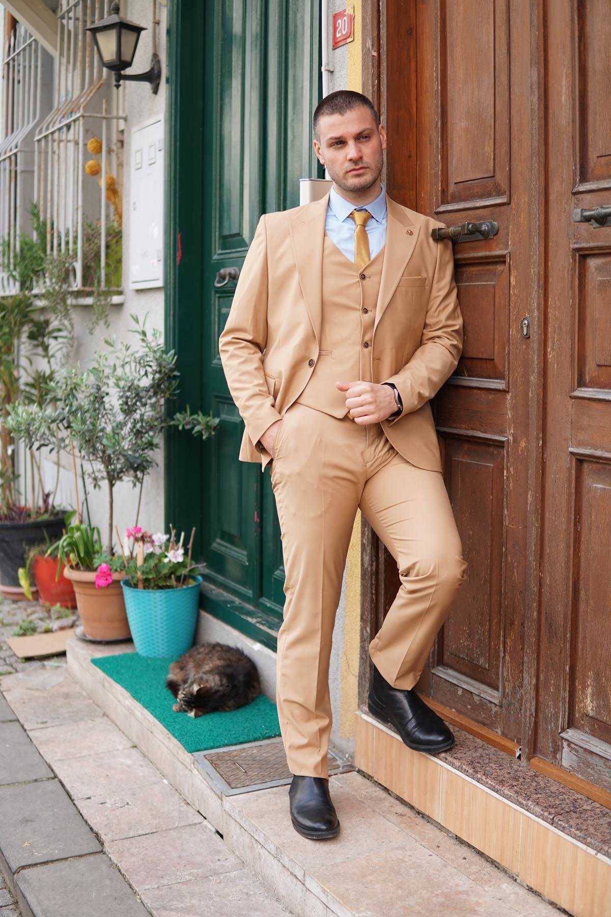 Maserto Slim Fit Turuncu Takım Elbise Düz Desenli