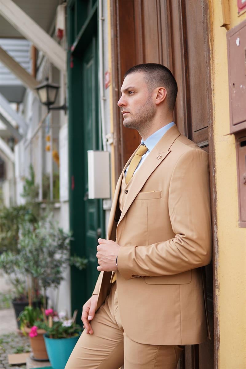 Maserto Slim Fit Turuncu Takım Elbise Düz Desenli