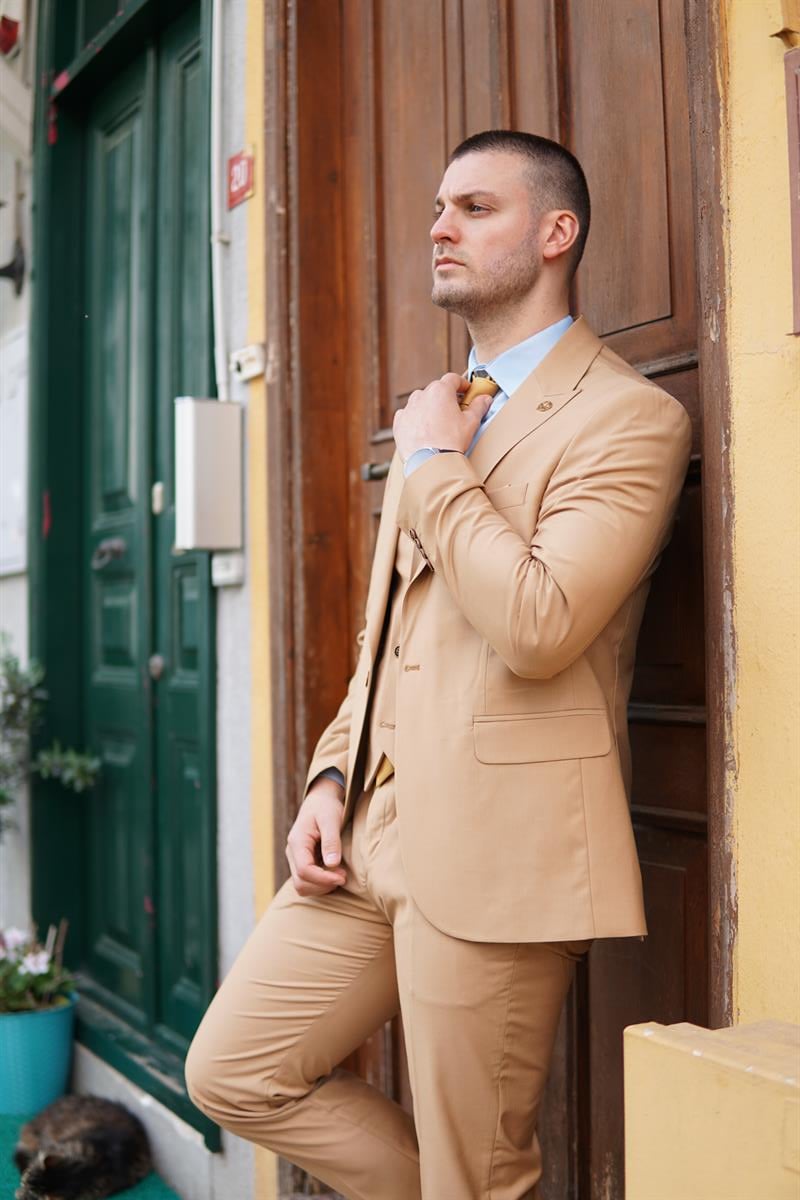 Maserto Slim Fit Turuncu Takım Elbise Düz Desenli