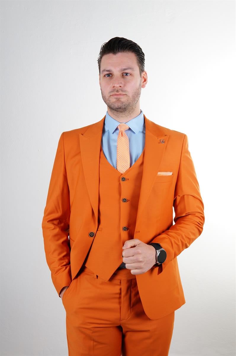 Maserto Slim Fit Turuncu Takım Elbise Düz Desenli