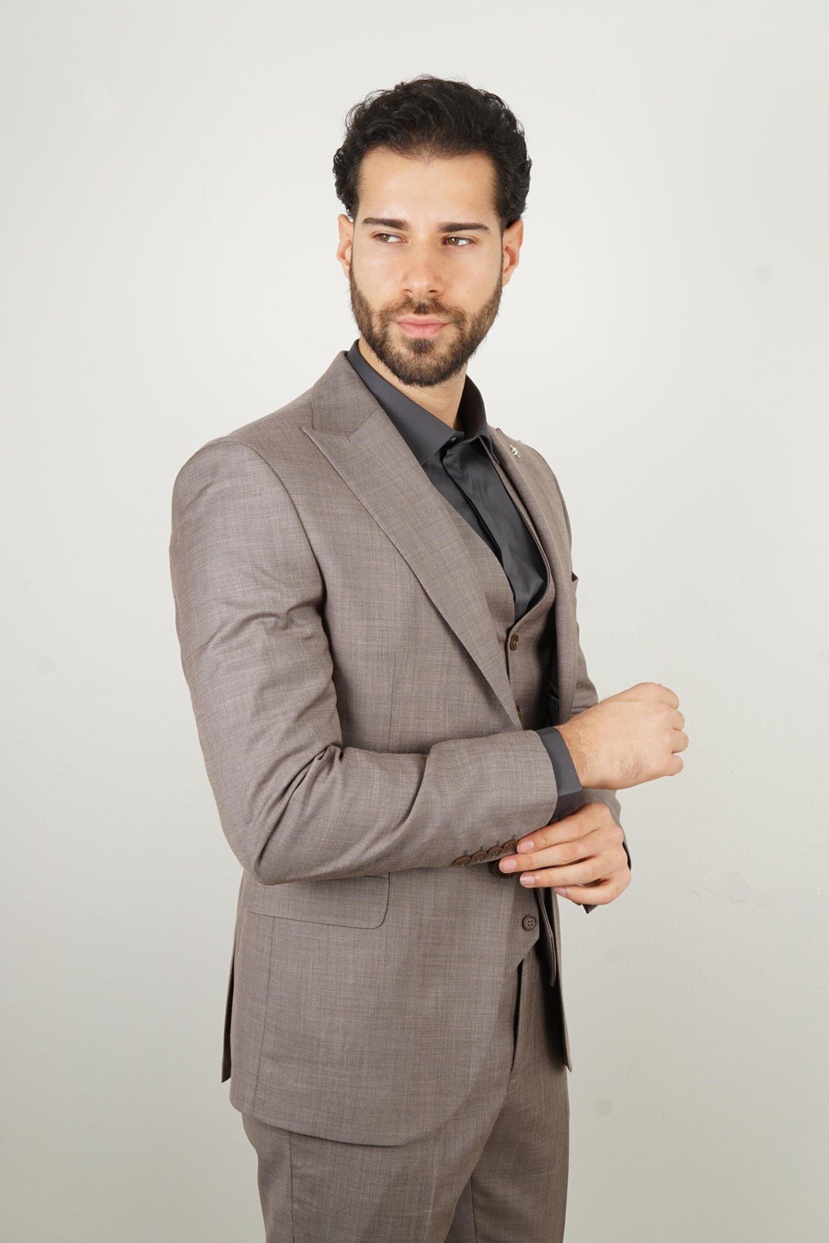 Maserto Slim Fit Vizon Takım Elbise Düz Desenli