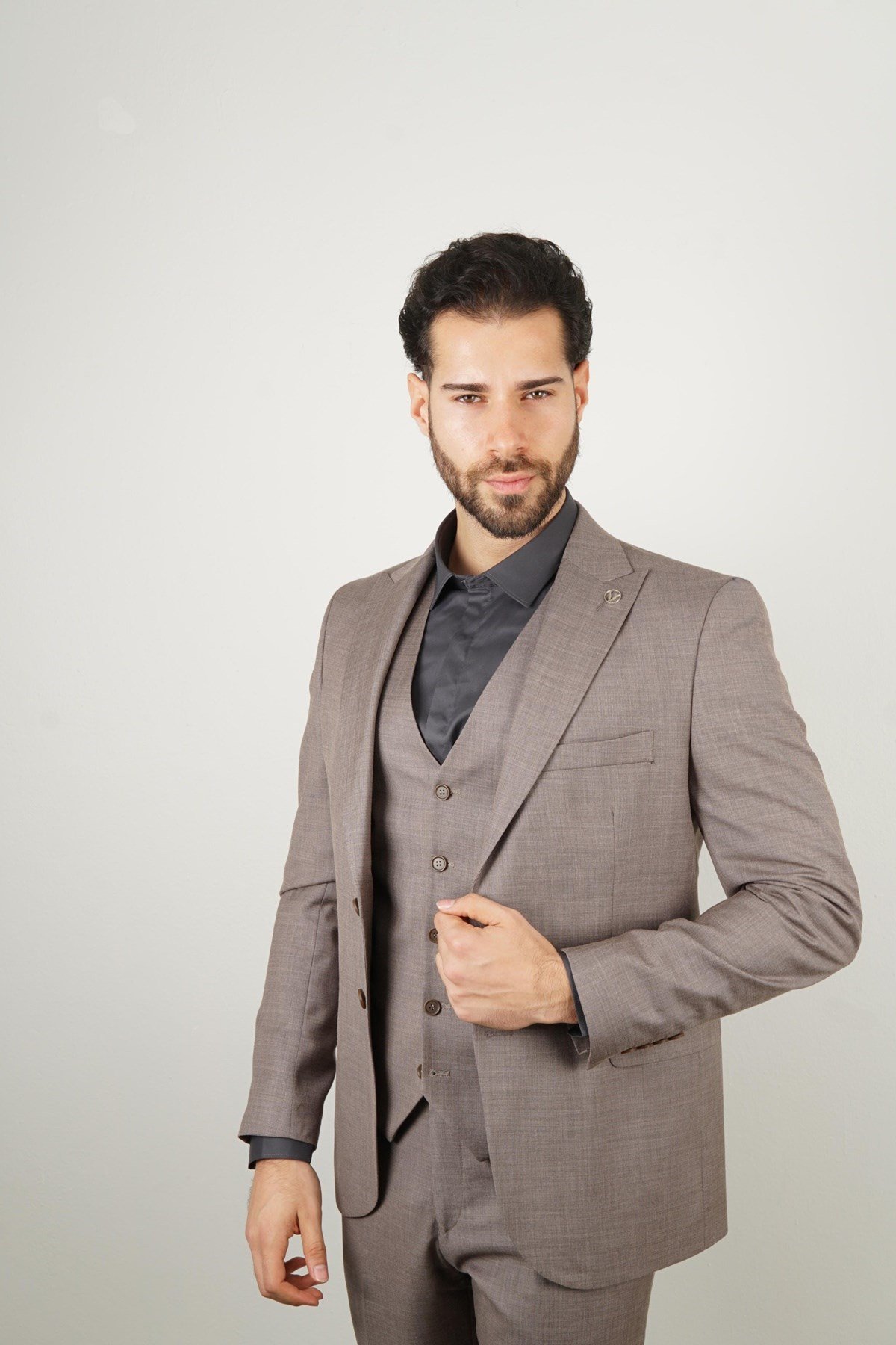 Maserto Slim Fit Vizon Takım Elbise Düz Desenli