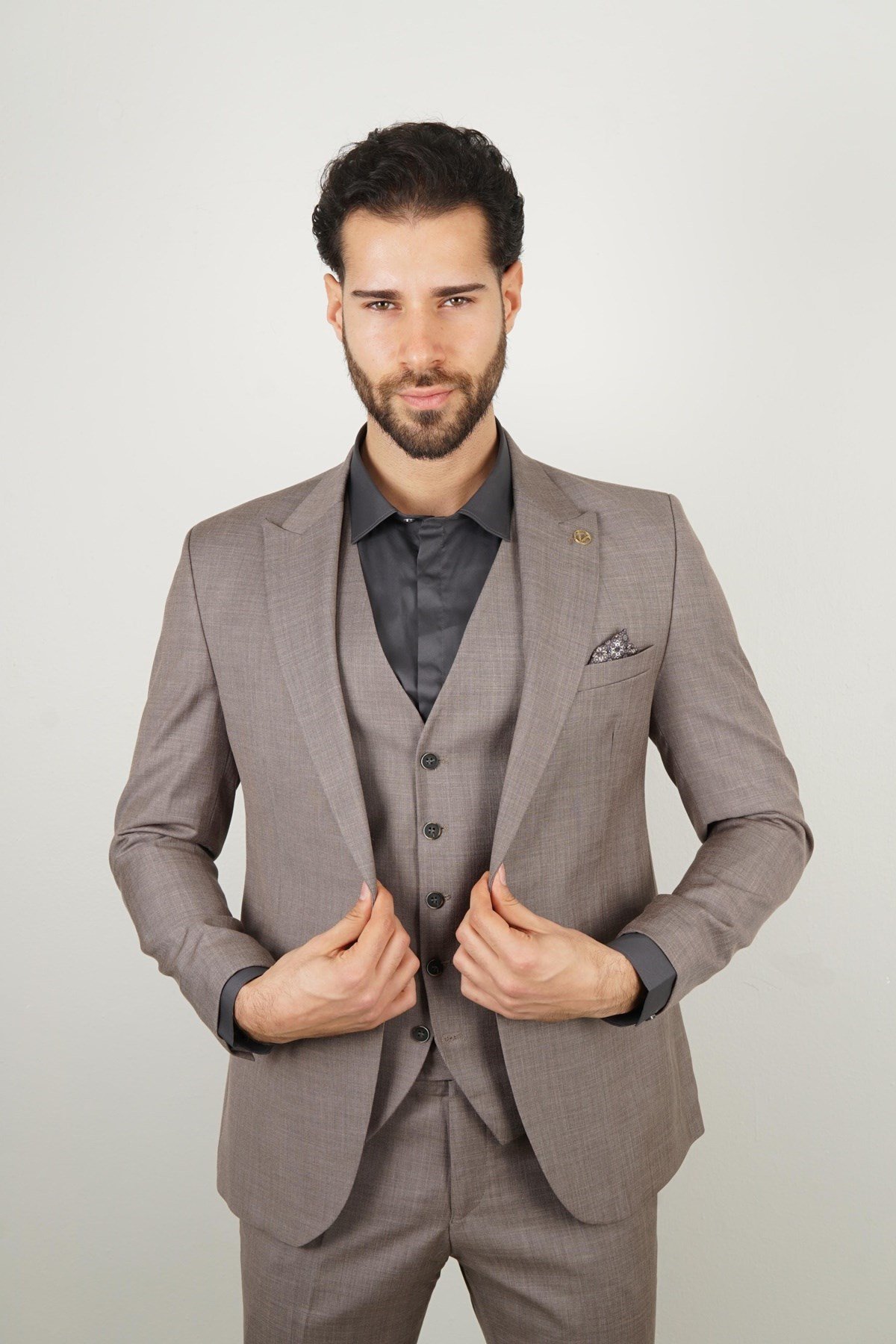 Maserto Slim Fit Vizon Takım Elbise Düz Desenli