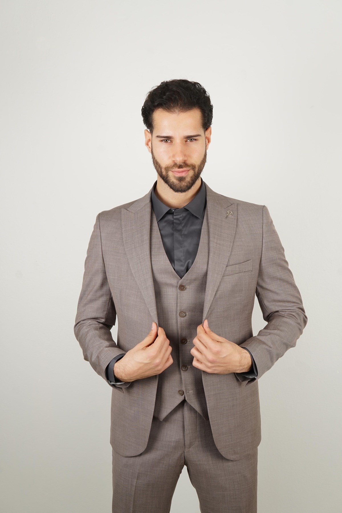 Maserto Slim Fit Vizon Takım Elbise Düz Desenli