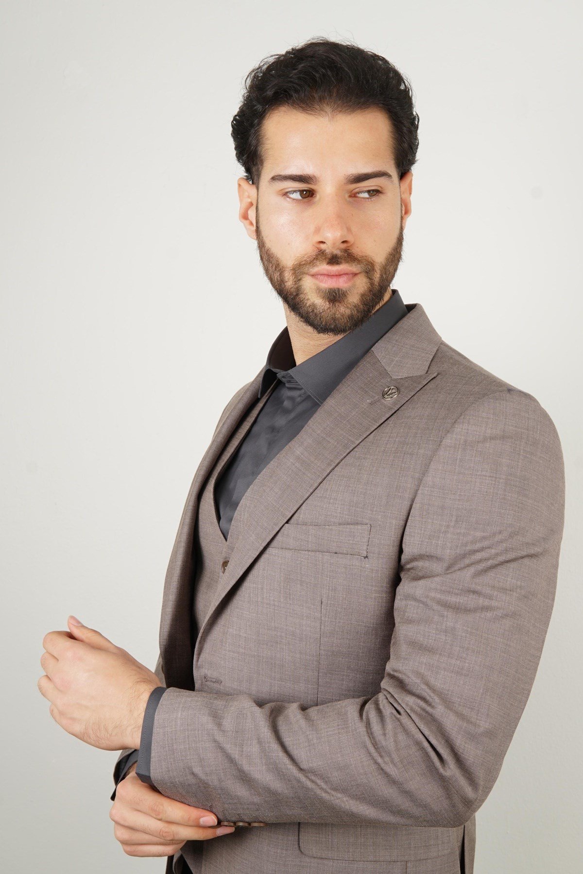 Maserto Slim Fit Vizon Takım Elbise Düz Desenli