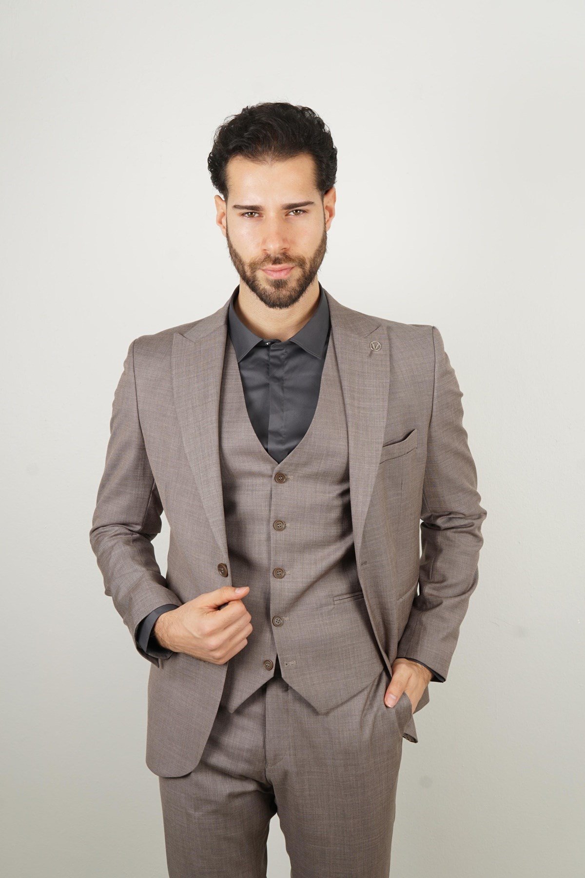 Maserto Slim Fit Vizon Takım Elbise Düz Desenli